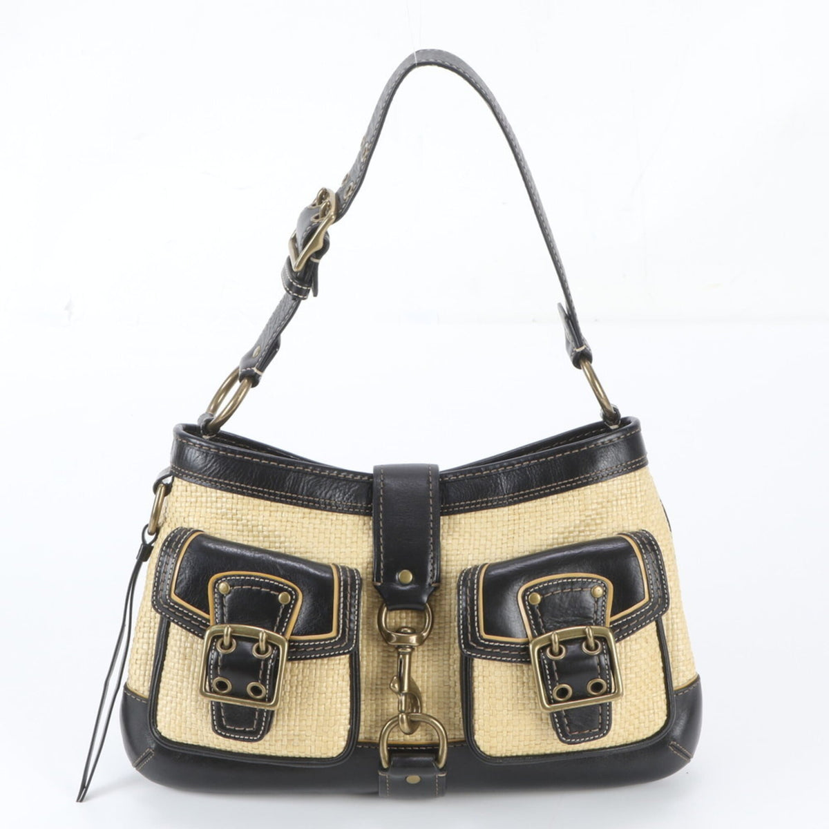 Coach Beige Black Leather Handbag Shoulder Bag Tote Bag (Pre-Owned)