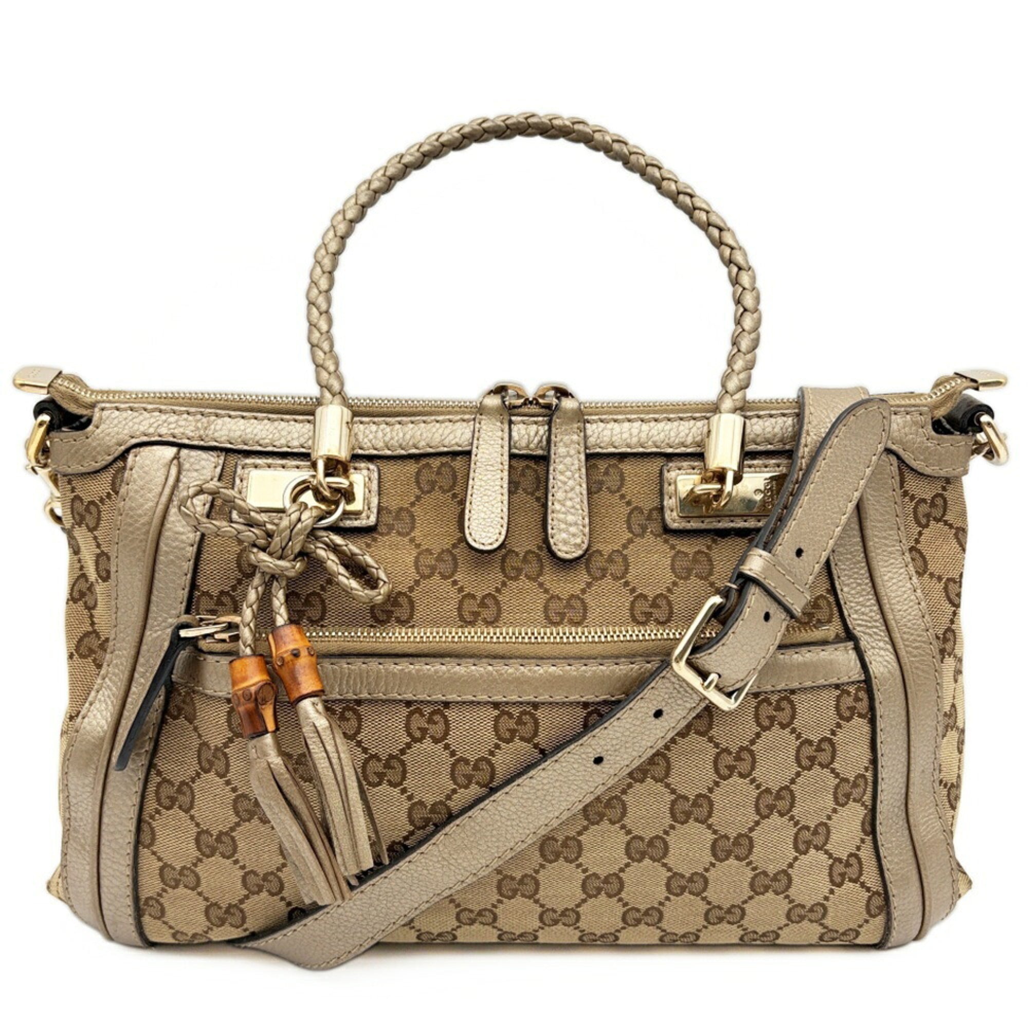 Gucci Gg Canvas Beige Gold Gg Canvas Leather Bamboo Shoulder Bag (Pre-Owned)