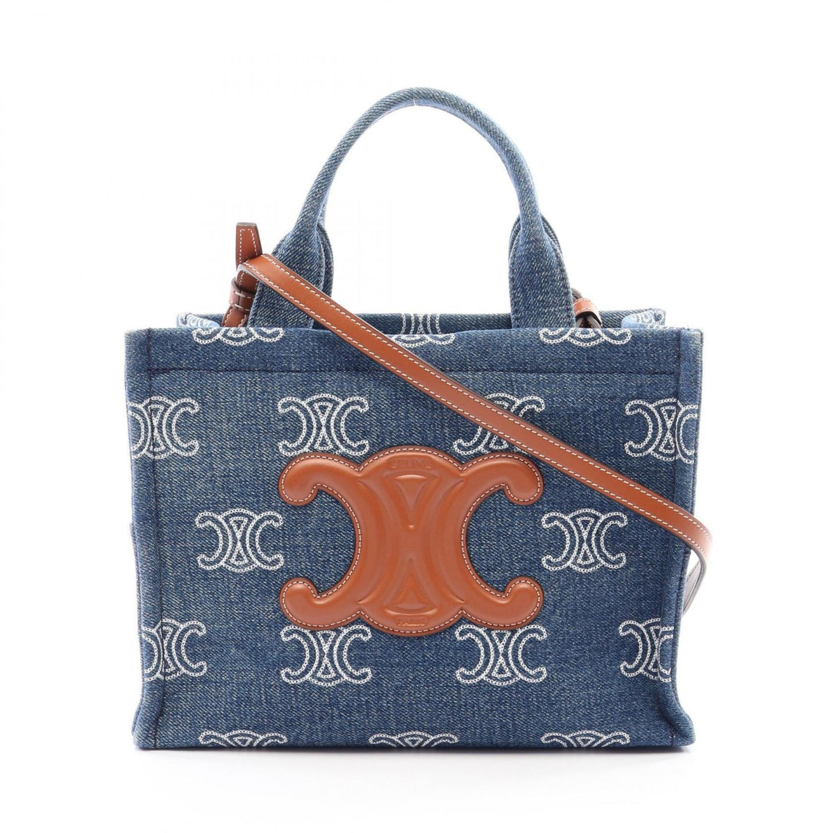 Celine Cabas Brown Navy Denim Leather Handbag Tote Bag (Pre-Owned)