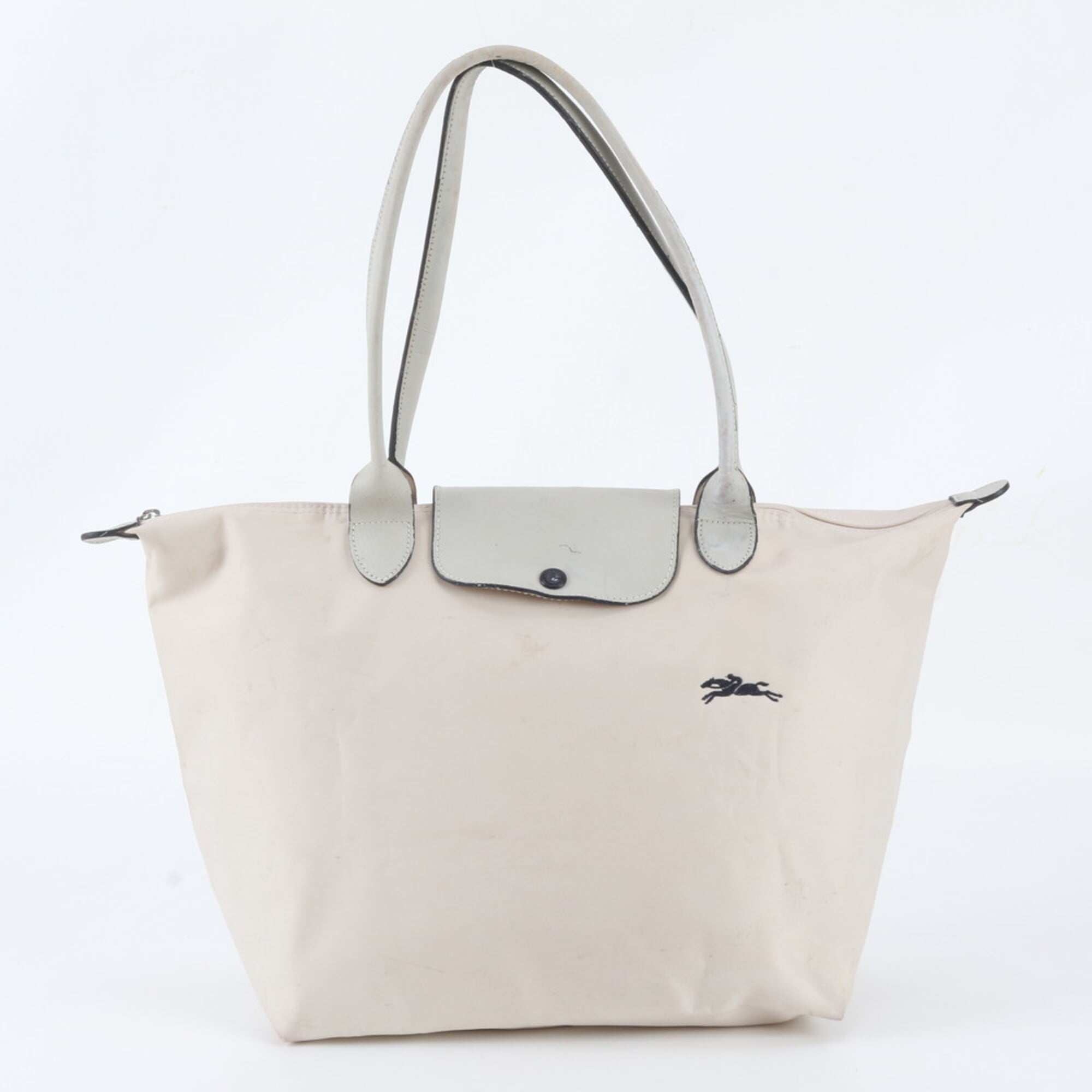 Longchamp Le Pliage Pink Beige Leather Nylon Handbag Shoulder Bag Tote Bag (Pre-Owned)