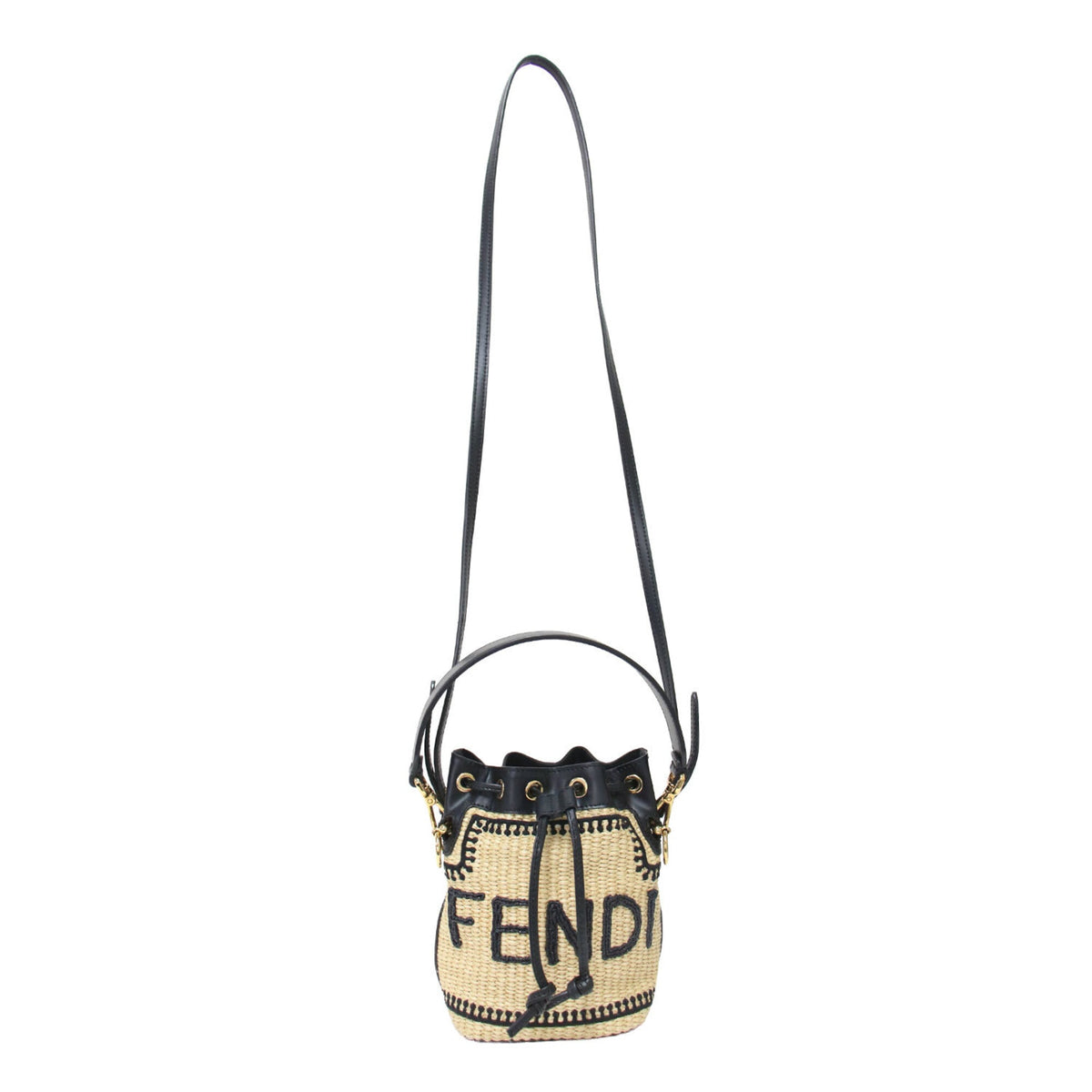Fendi Beige Black Straw Leather Handbag Shoulder Bag (Pre-Owned)