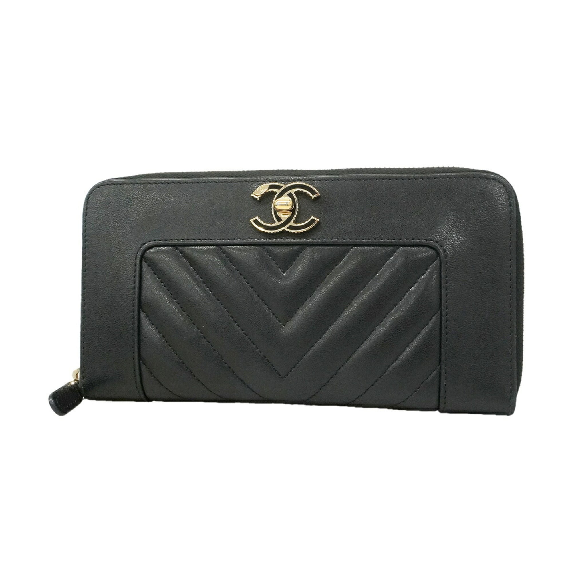 Chanel Black Leather Long Wallet (Bi-Fold) (Pre-Owned)