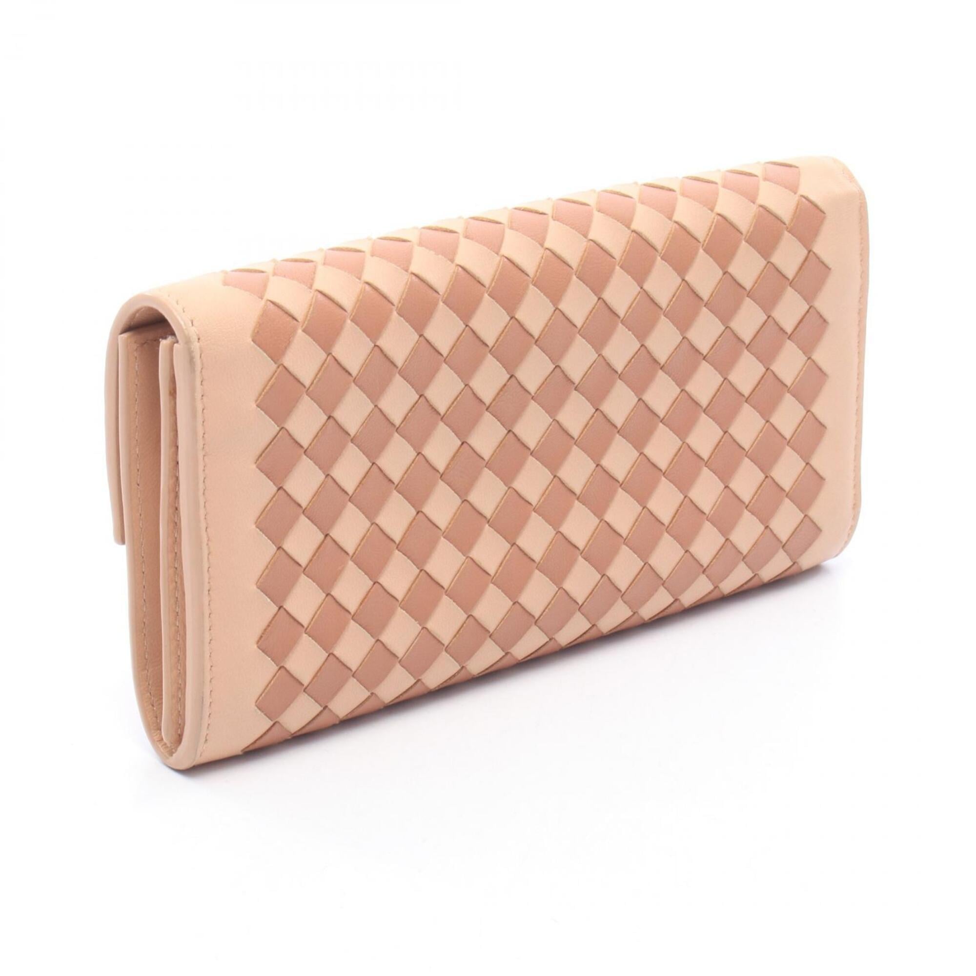 Bottega Veneta Intrecciato Brown Pink Leather Long Wallet (Bi-Fold) (Pre-Owned)