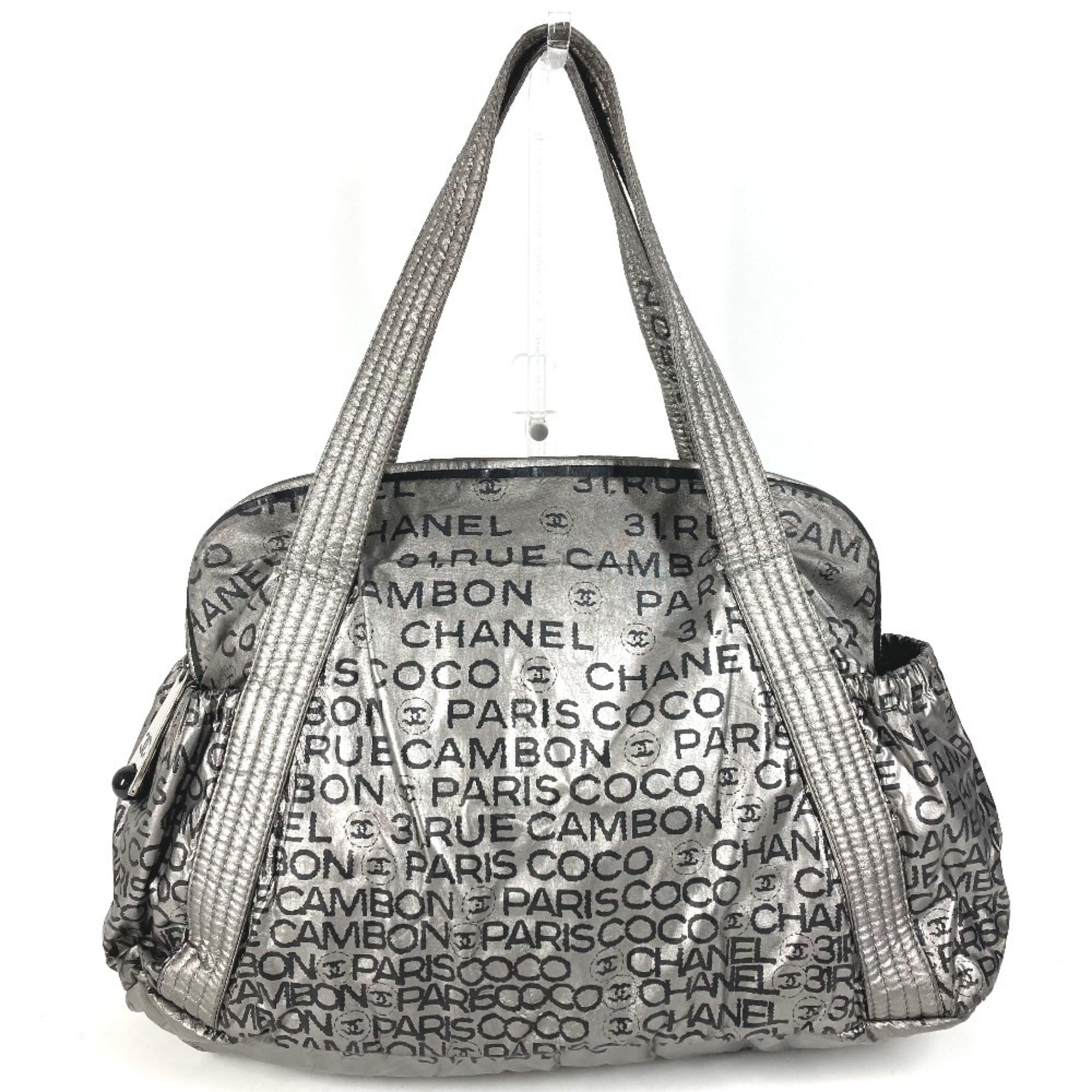 Chanel Black Silver Nylon Canvas Boston Bag Handbag Shoulder Bag Tote Bag (Pre-Owned)
