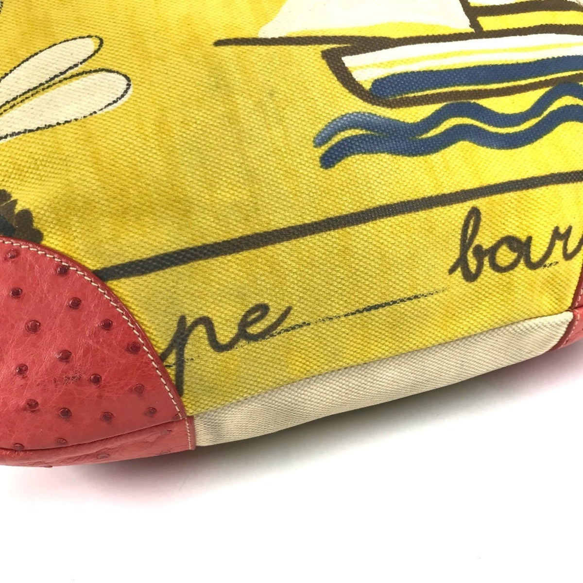 Prada Beige Red Color Yellow Leather Canvas Shoulder Bag Tote Bag (Pre-Owned)