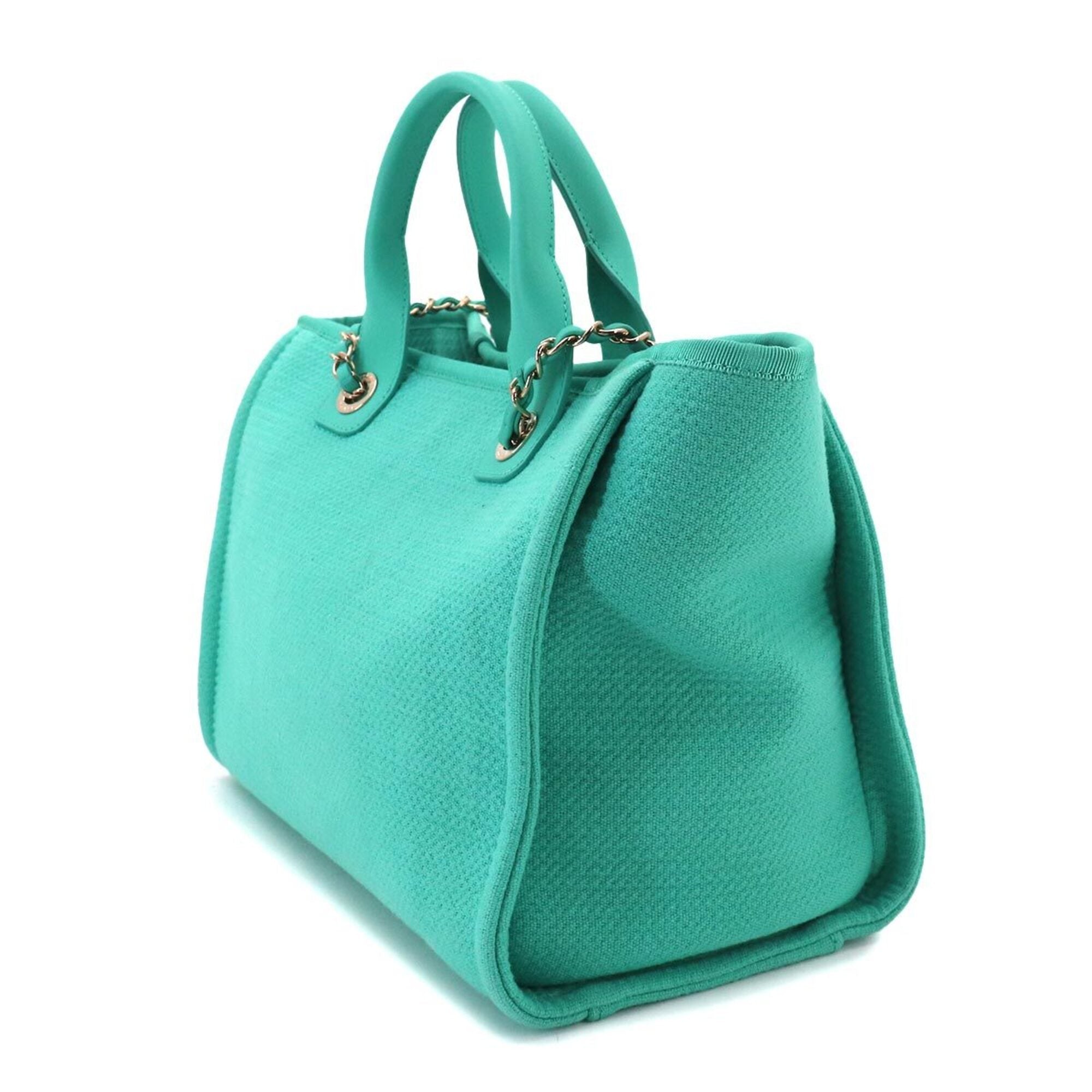 Chanel Blue Turquoise Canvas Leather Shopping Bag Shoulder Bag Tote Bag (Pre-Owned)