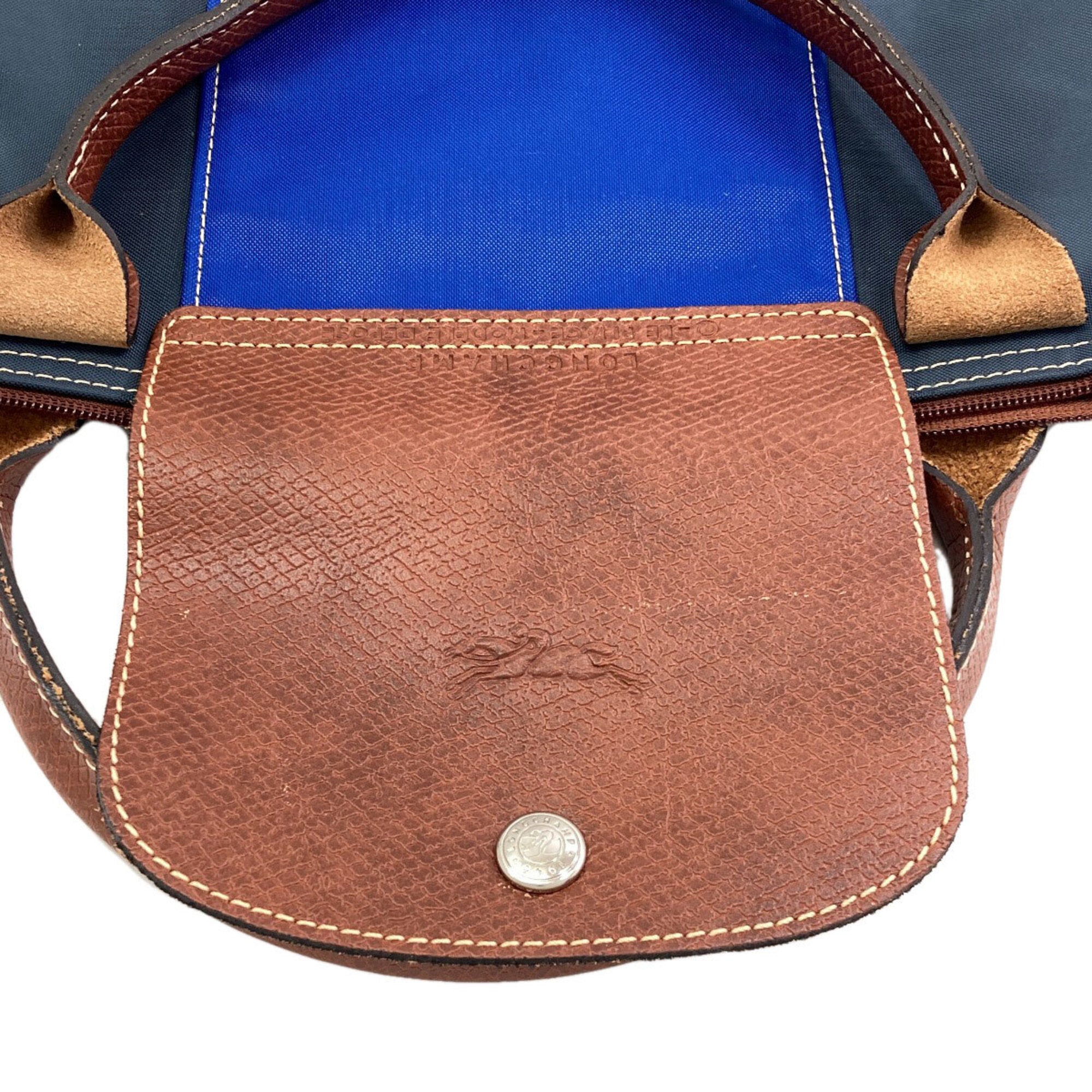 Longchamp Le Pliage Blue Brown Gray Nylon Handbag (Pre-Owned)
