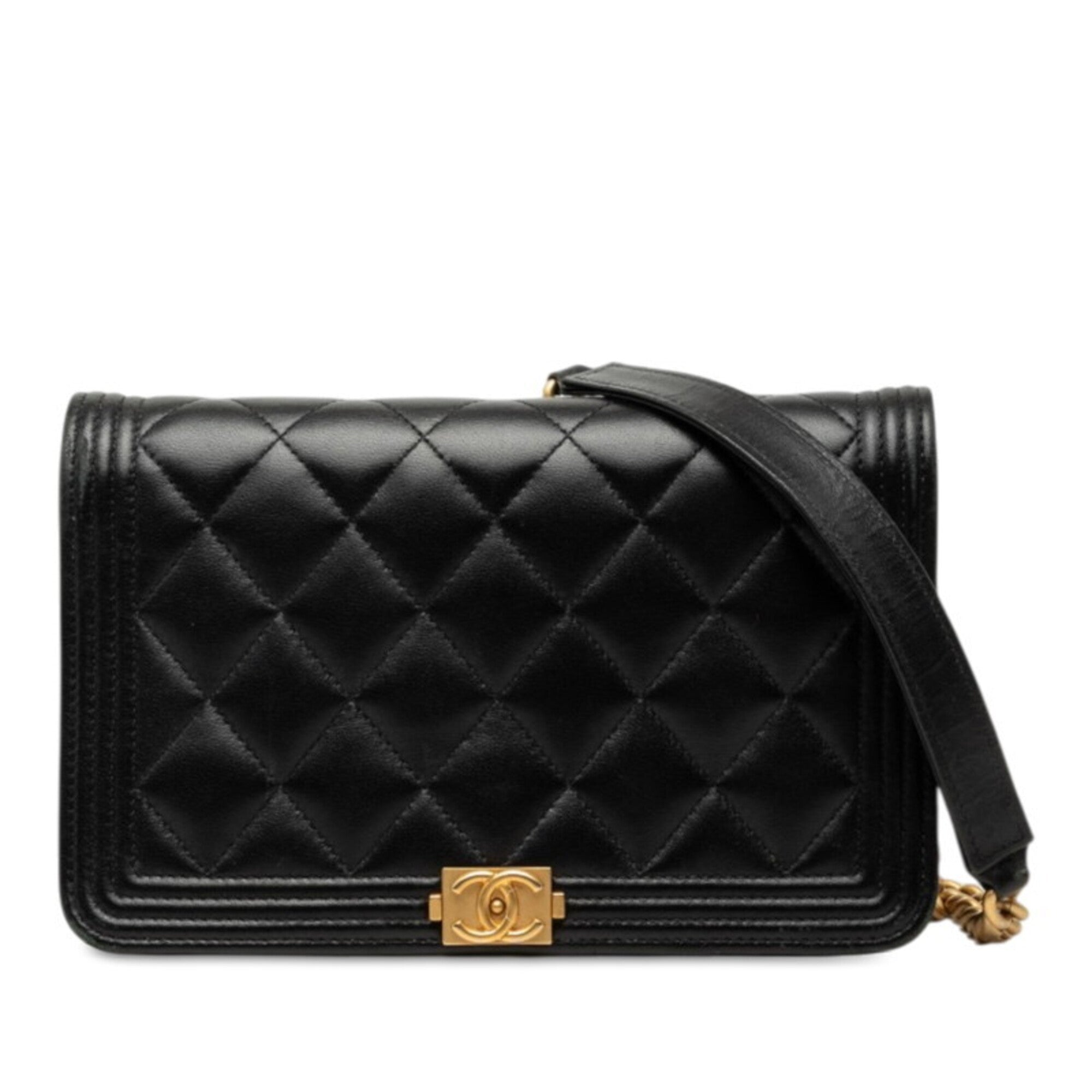 Chanel Boy Chanel Black Leather Chain/Shoulder Wallet (Pre-Owned)