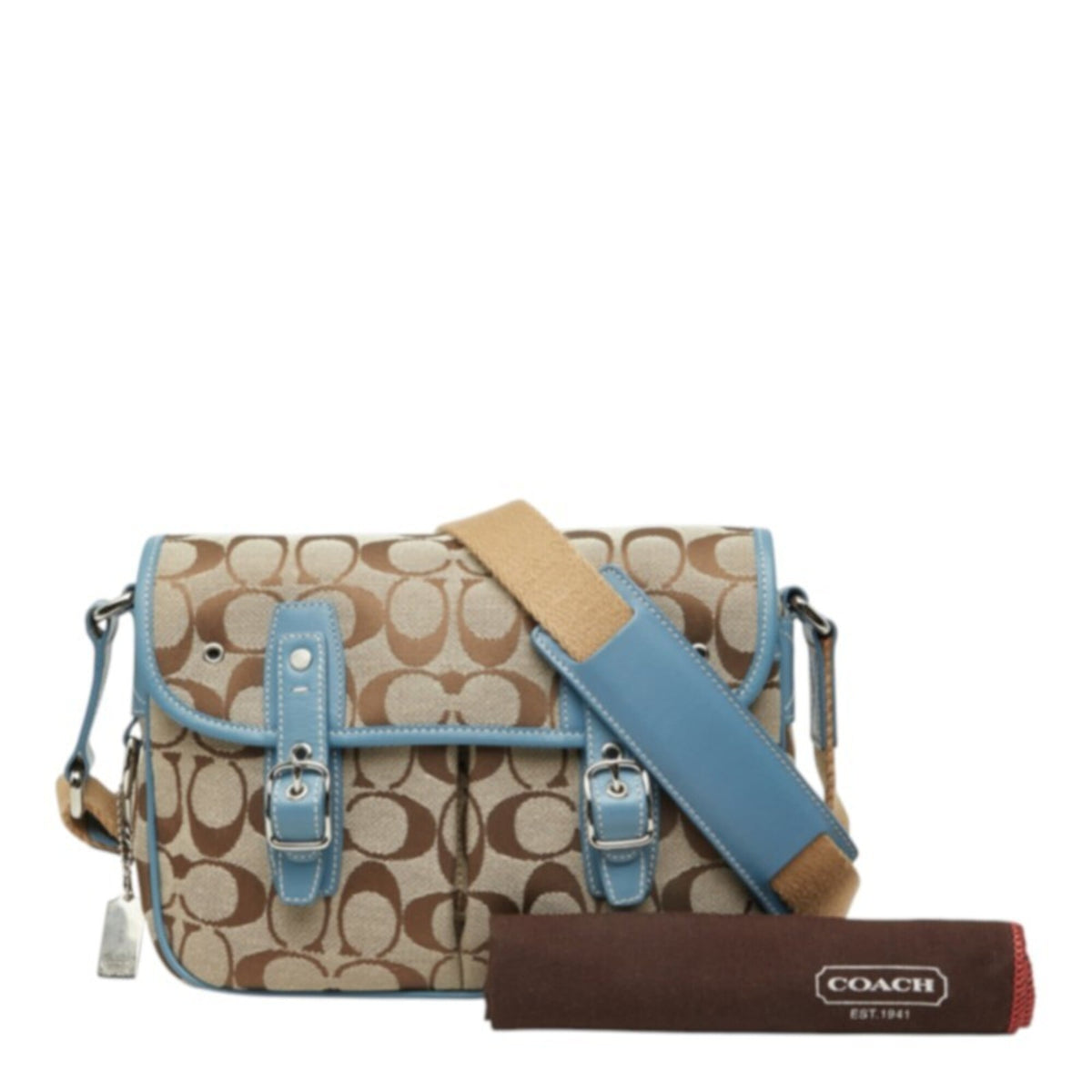 Coach Beige Blue Canvas Leather Shoulder Bag (Pre-Owned)
