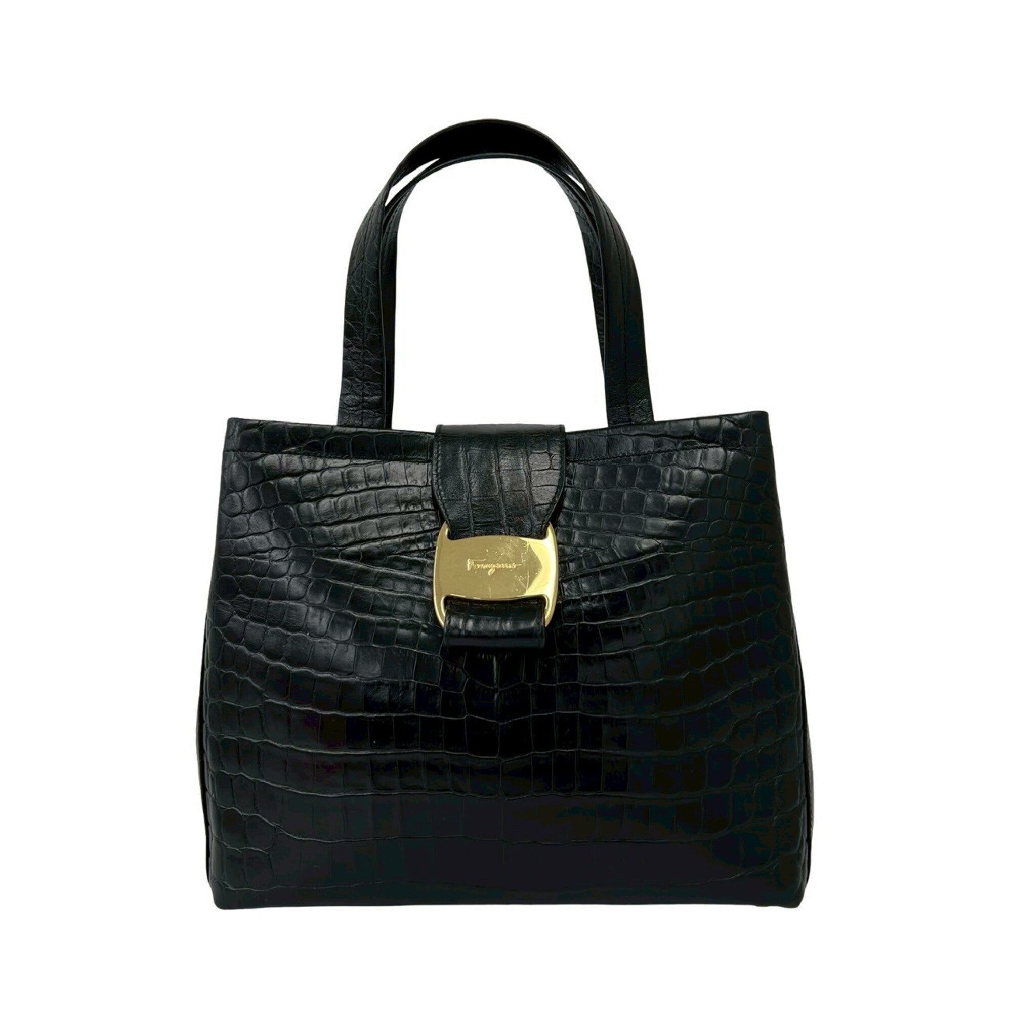 Salvatore Ferragamo Black Leather Handbag Tote Bag (Pre-Owned)