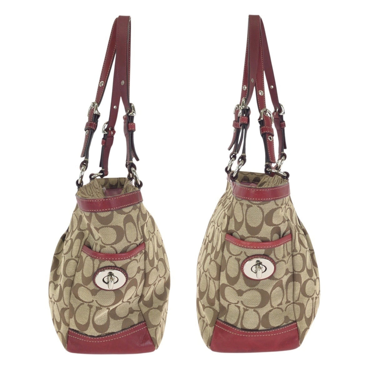 Coach Beige Red Color Canvas Leather Shoulder Bag Tote Bag (Pre-Owned)