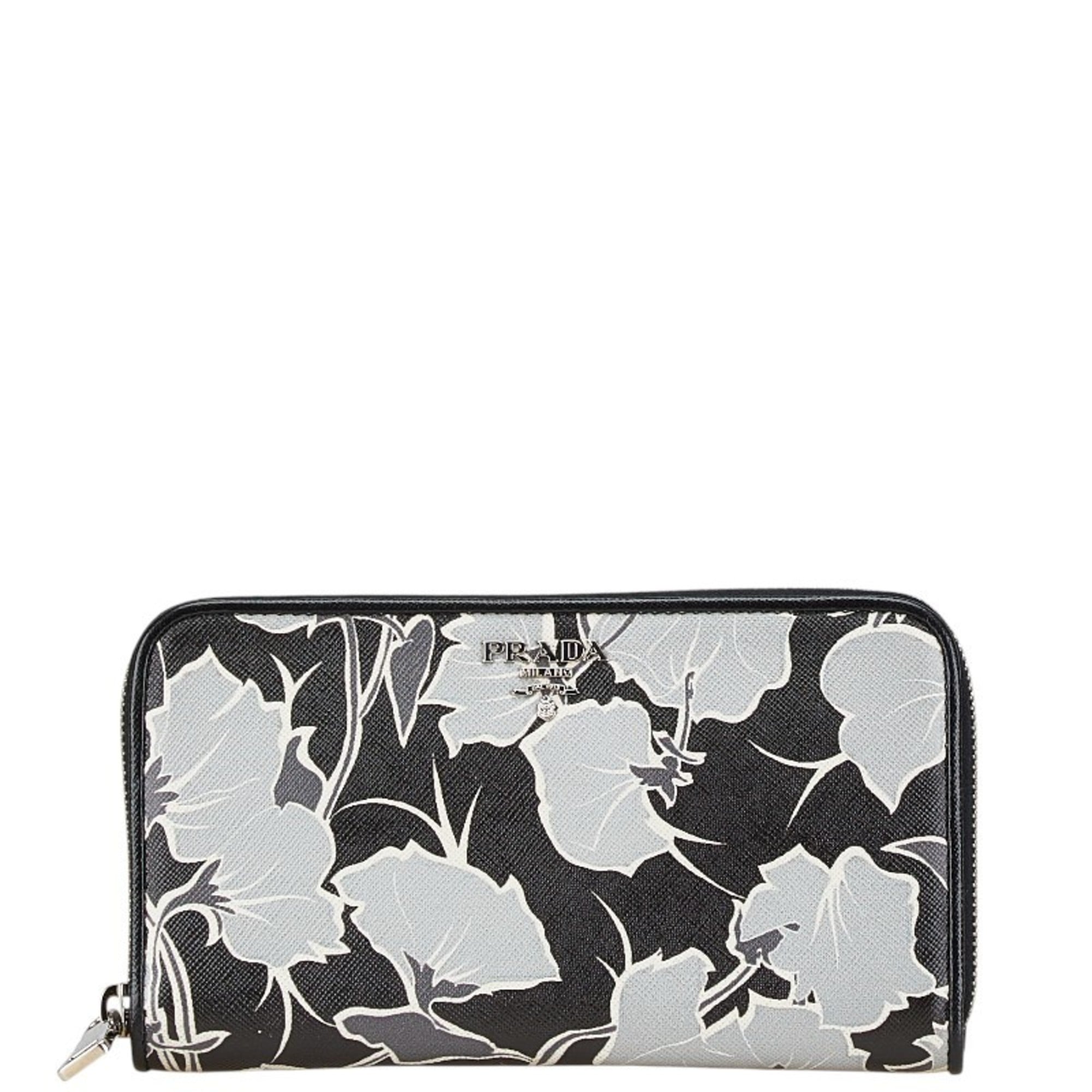 Prada Saffiano Black Gray Leather Long Wallet (Bi-Fold) (Pre-Owned)