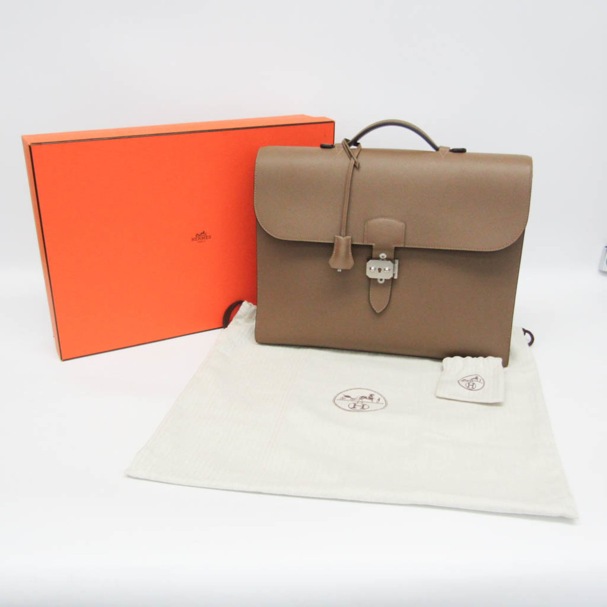Hermes Sac A Depeche Etoupe Gray Taurillon Clemence Leather Briefcase Document Case (Pre-Owned)