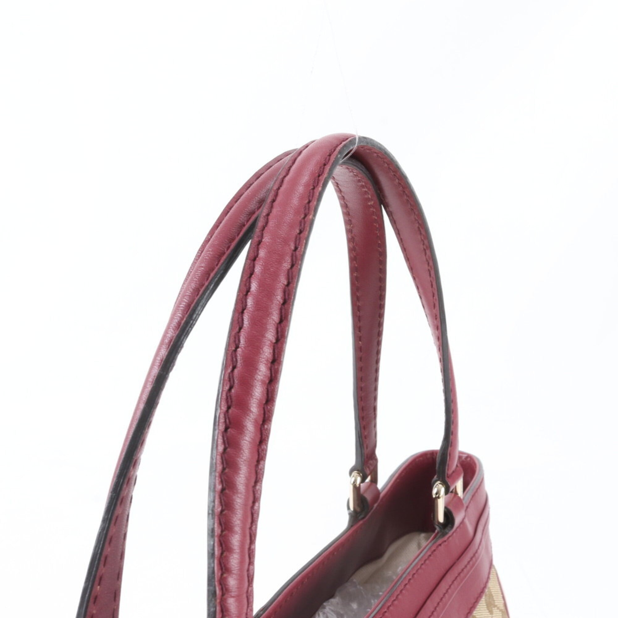 Gucci Beige Red Color Leather Canvas Shoulder Bag Tote Bag (Pre-Owned)