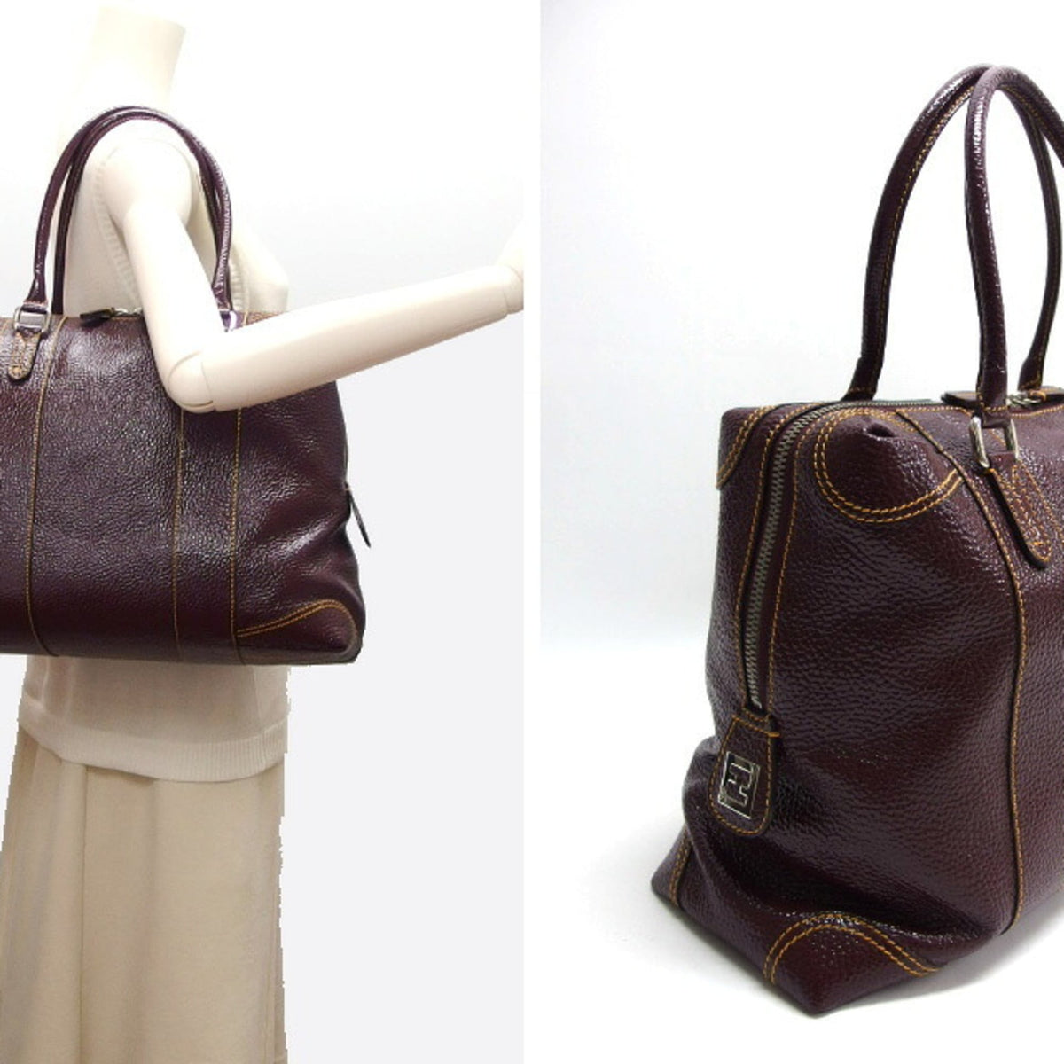 Fendi Bordeaux Burgundy Patent Leather Boston Bag Shoulder Bag Tote Bag (Pre-Owned)