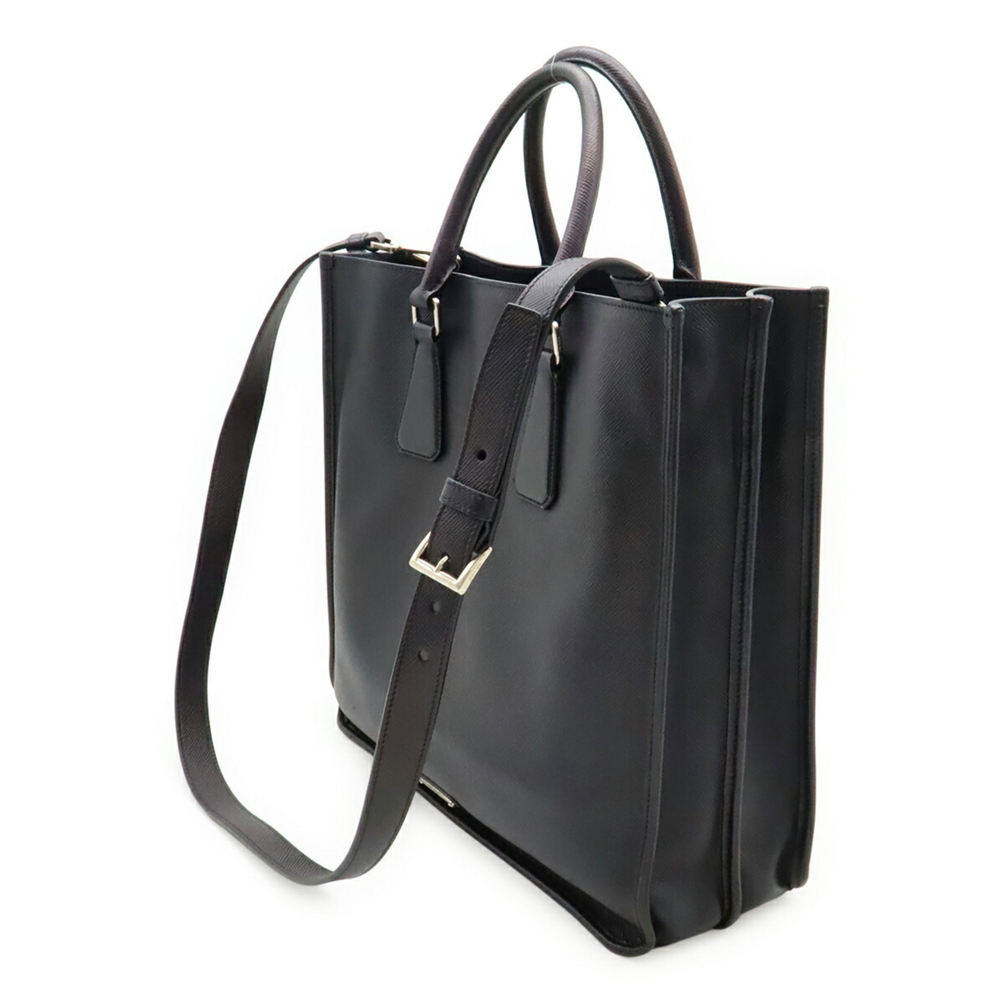 Prada Navy Leather Shoulder Bag Tote Bag (Pre-Owned)
