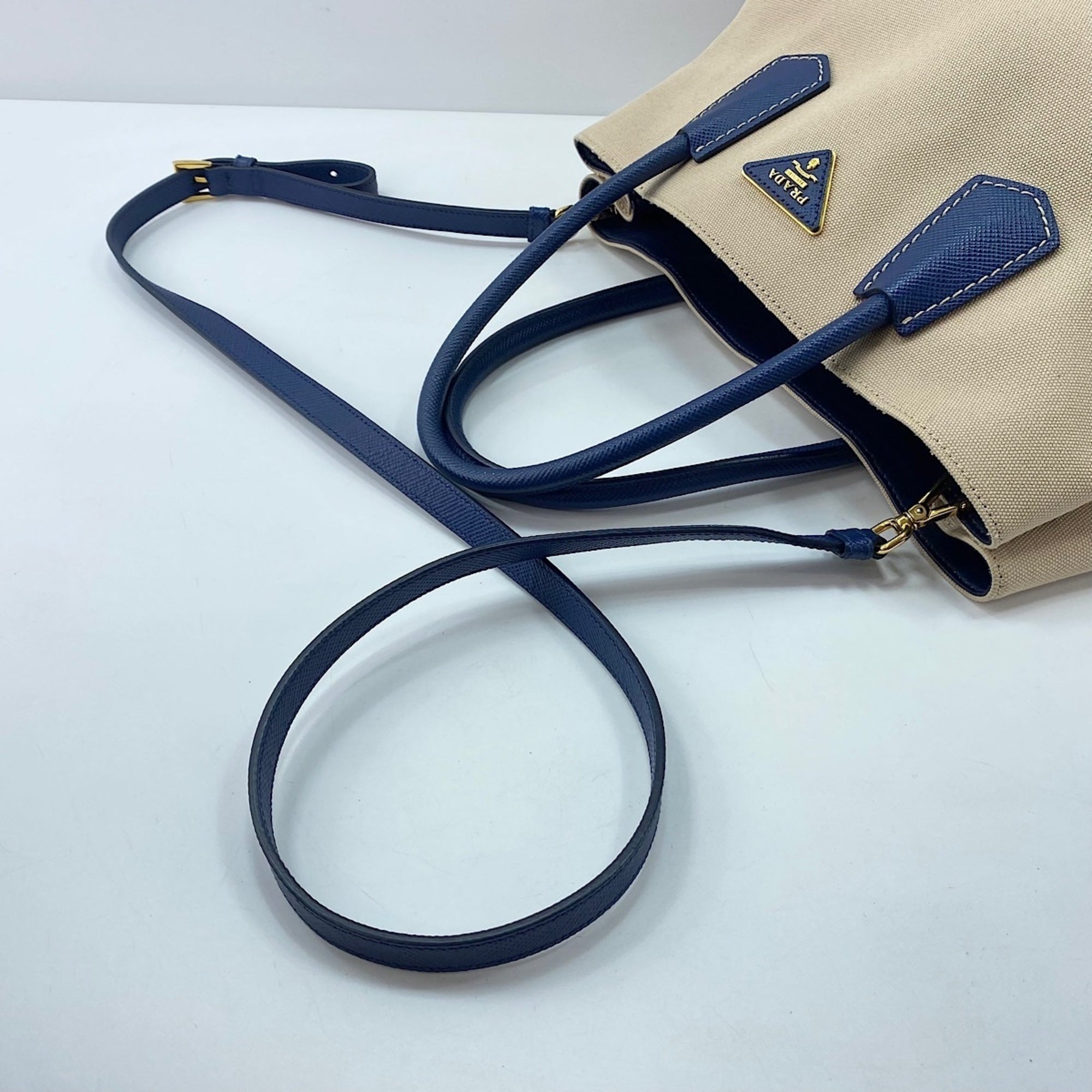 Prada Saffiano Beige Canvas Handbag (Pre-Owned)