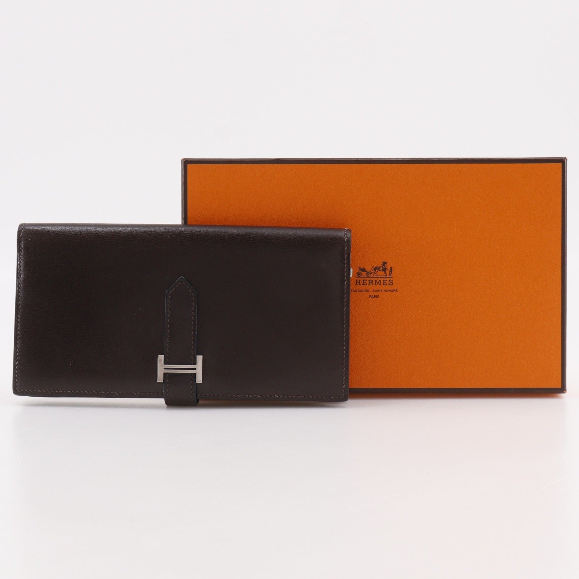 Hermes Brown Box Calf Leather Long Wallet (Bi-Fold) (Pre-Owned)