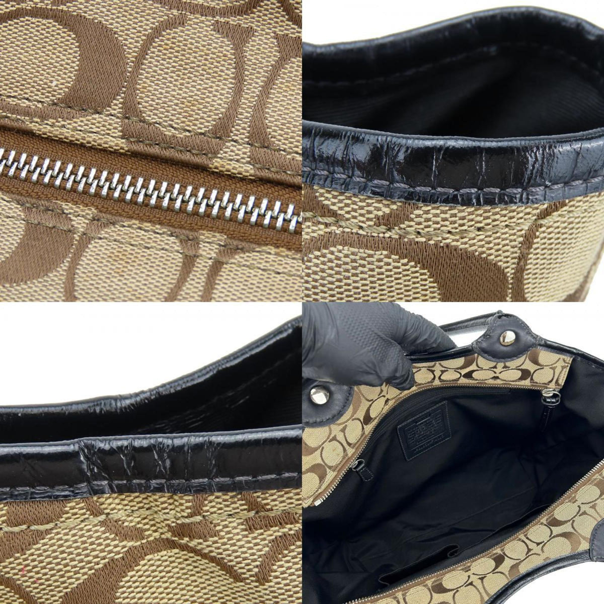 Coach Beige Black Canvas Patent Leather Tote Bag (Pre-Owned)