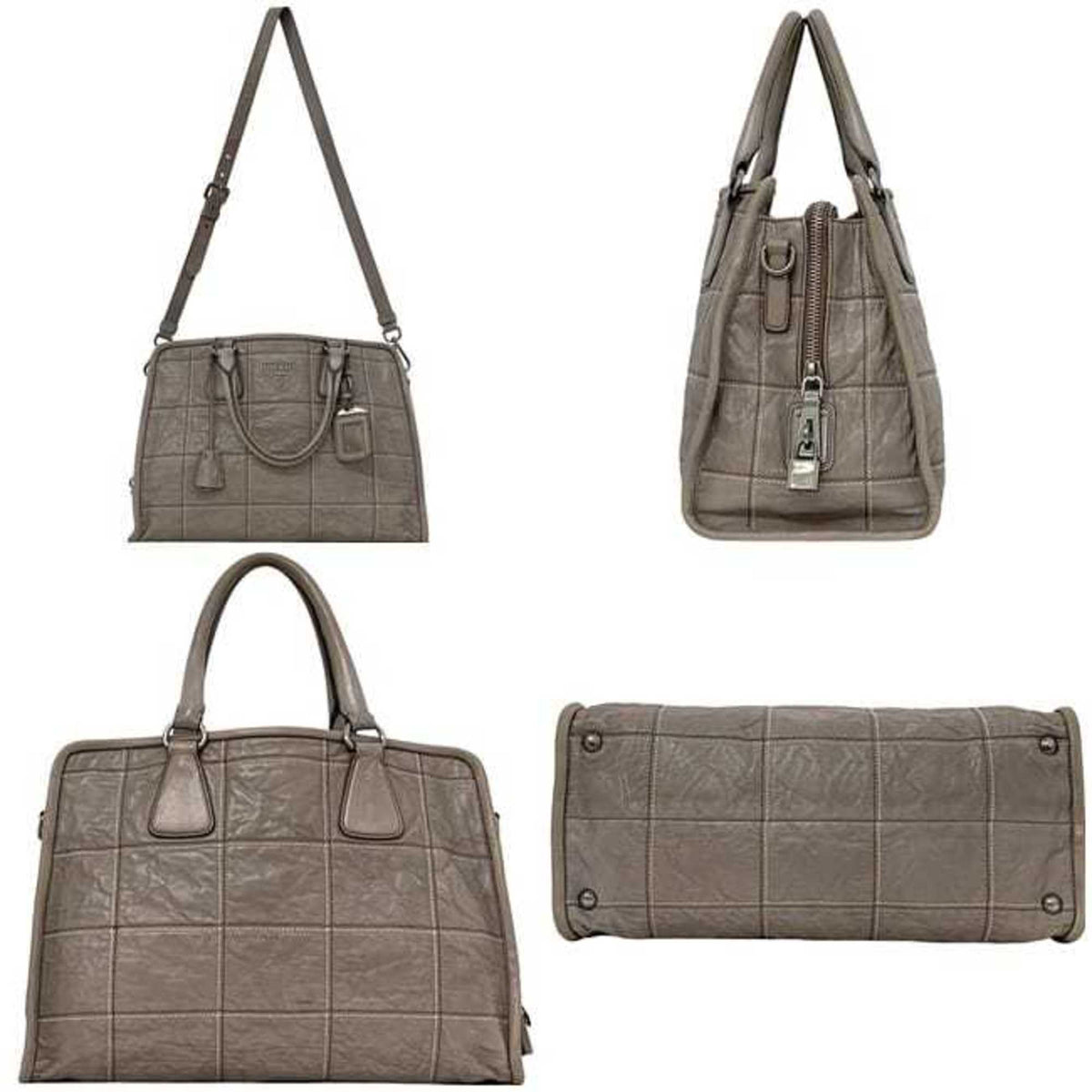 Prada Gray Nappa Leather Leather Handbag Shoulder Bag Tote Bag (Pre-Owned)