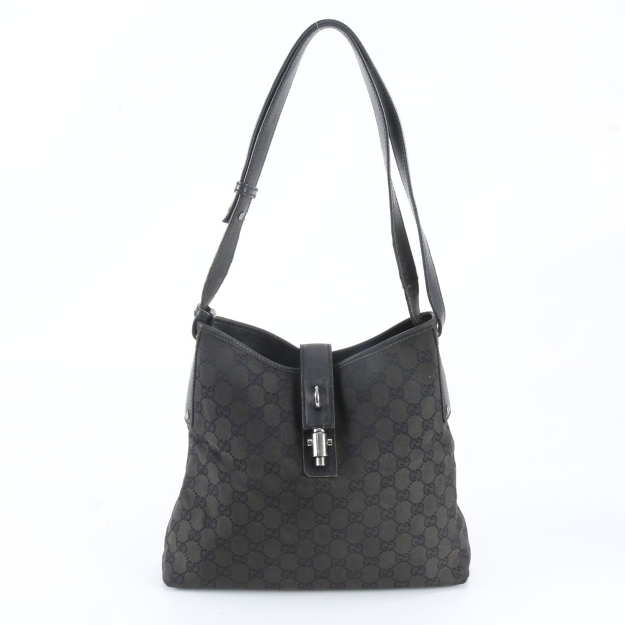 Gucci Black Leather Canvas Shoulder Bag Tote Bag (Pre-Owned)