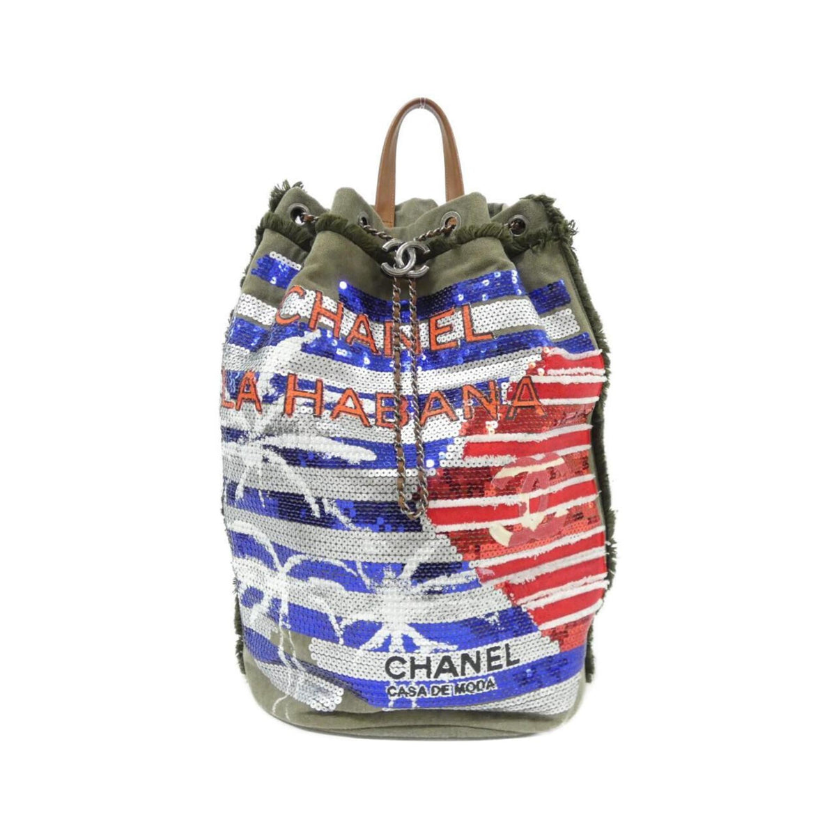 Chanel Blue Khaki Red Color Canvas Spangles Backpack (Pre-Owned)