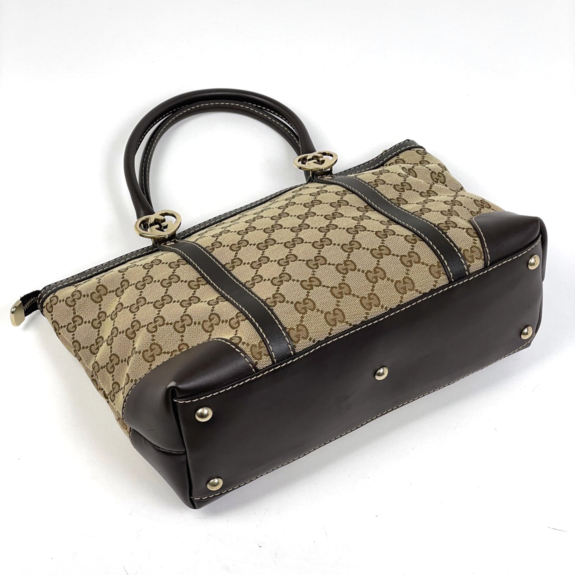 Gucci Beige Brown Gg Canvas Leather Tote Bag (Pre-Owned)