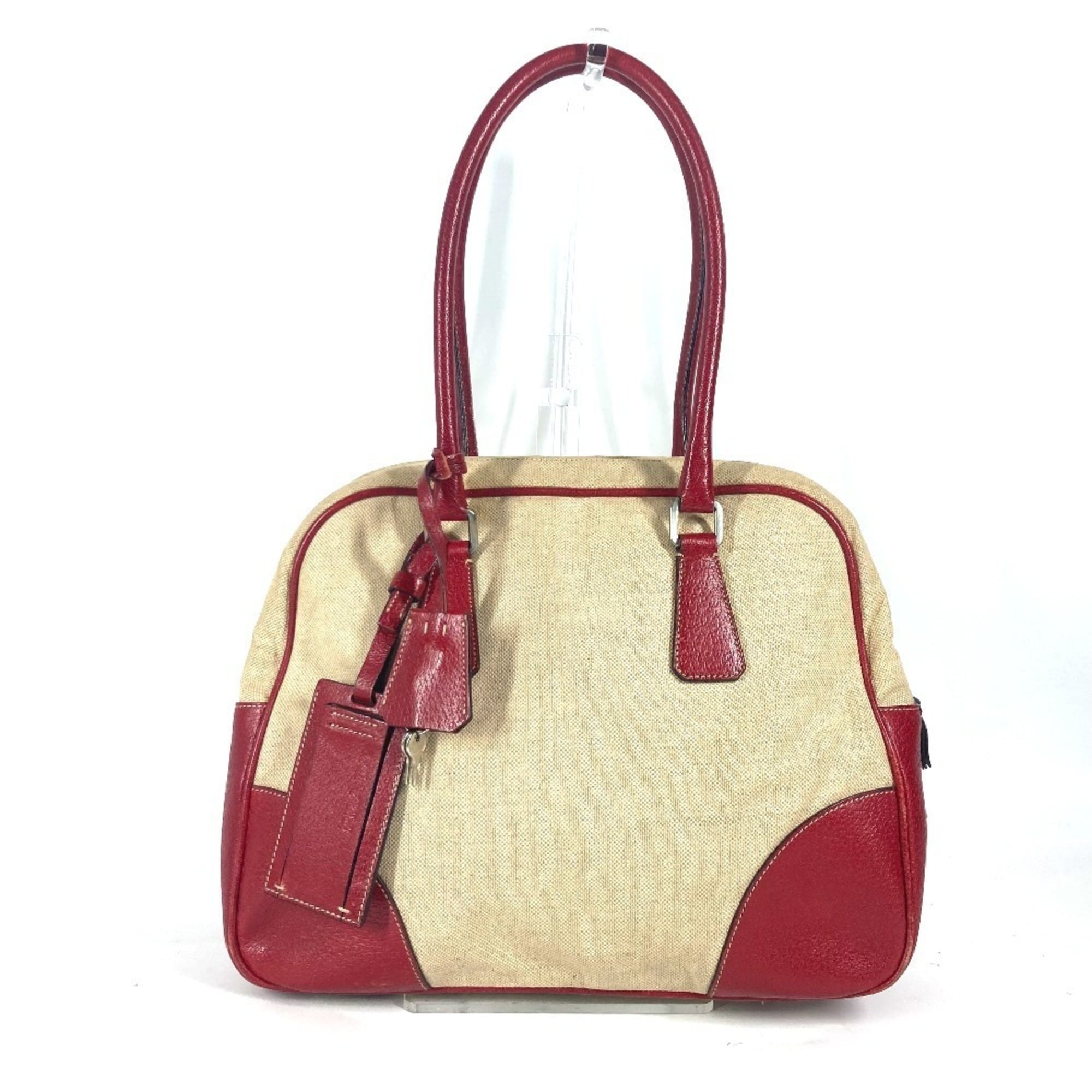Prada Beige Red Color Leather Canvas Boston Bag Shoulder Bag (Pre-Owned)