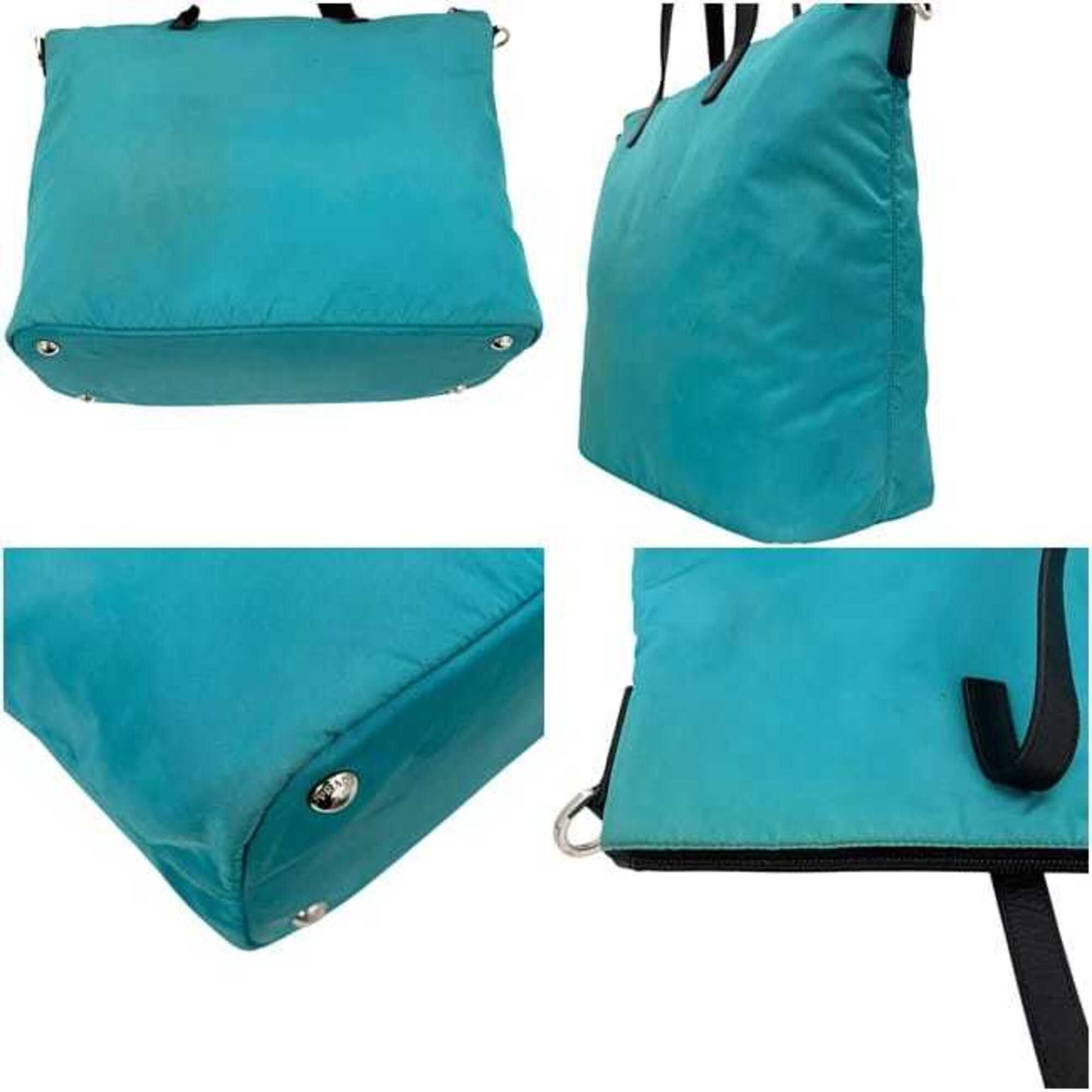 Prada Light Blue Nylon Leather Shoulder Bag Tote Bag (Pre-Owned)
