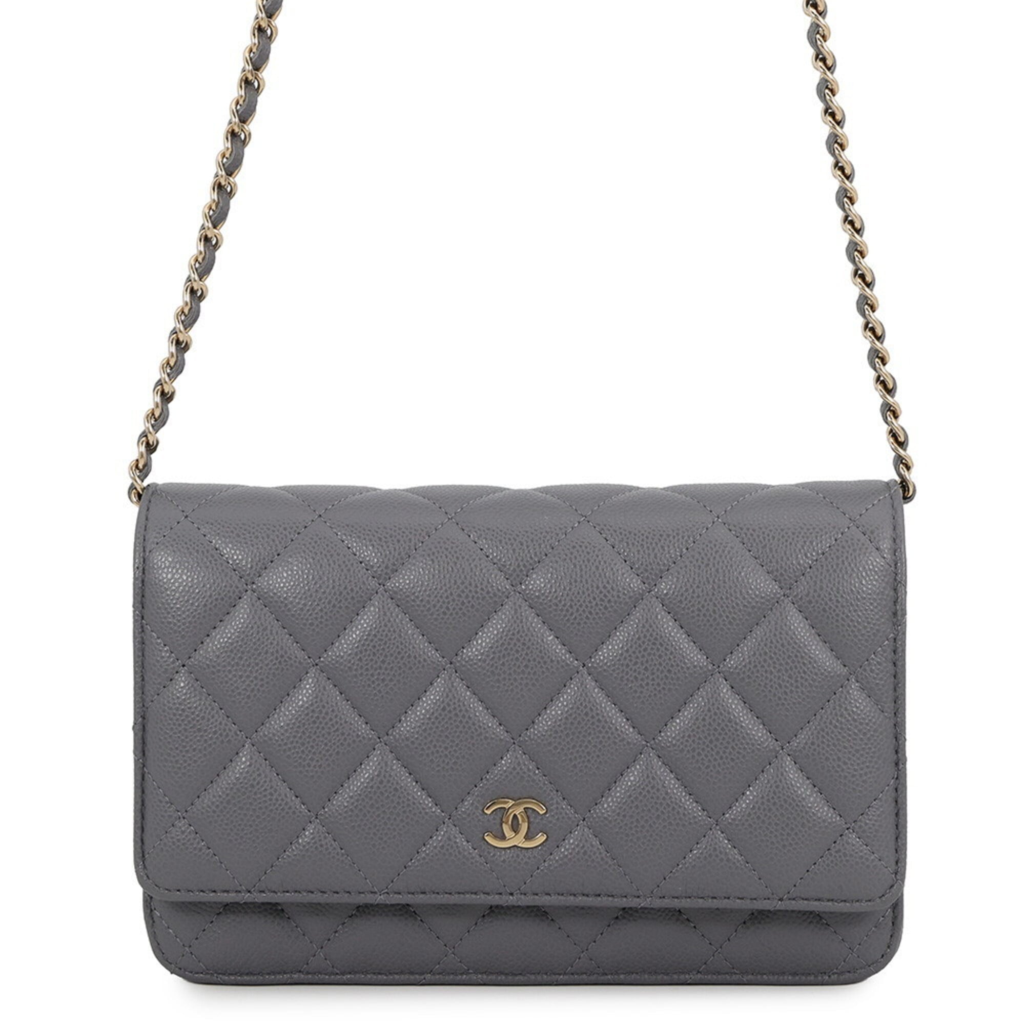Chanel Gray Grained Calfskin Chain/Shoulder Wallet (Pre-Owned)