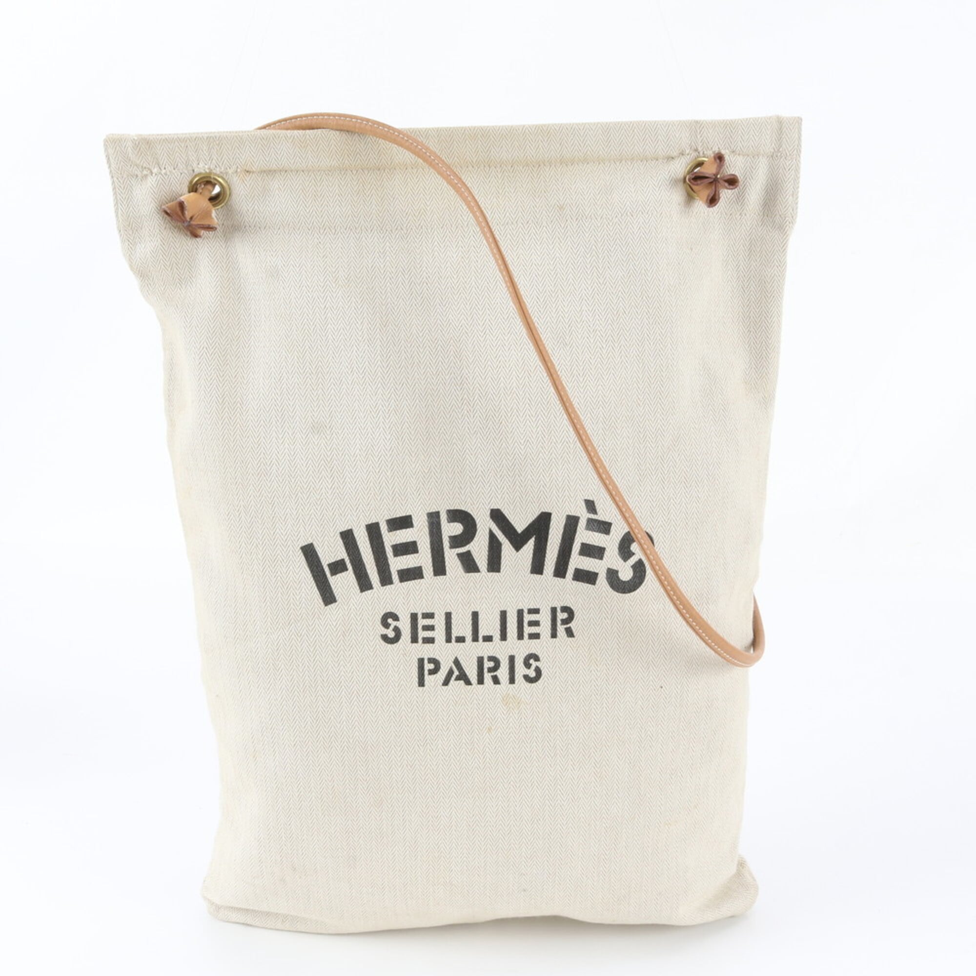 Hermes Beige Brown Leather Canvas Handbag Shoulder Bag (Pre-Owned)