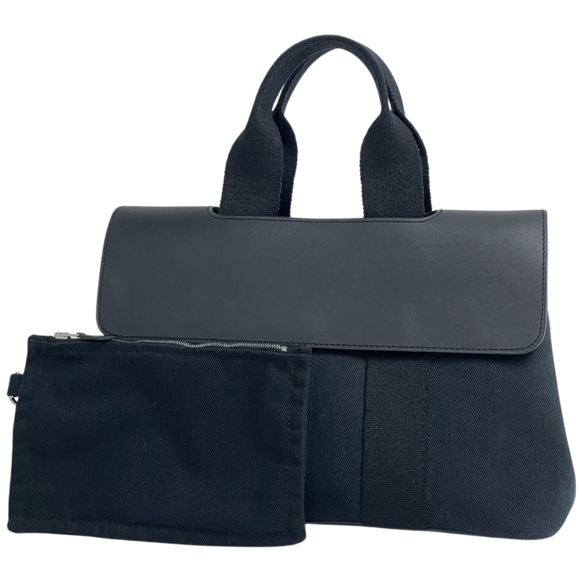 Hermes Black Toile Chevron Leather Handbag Tote Bag (Pre-Owned)