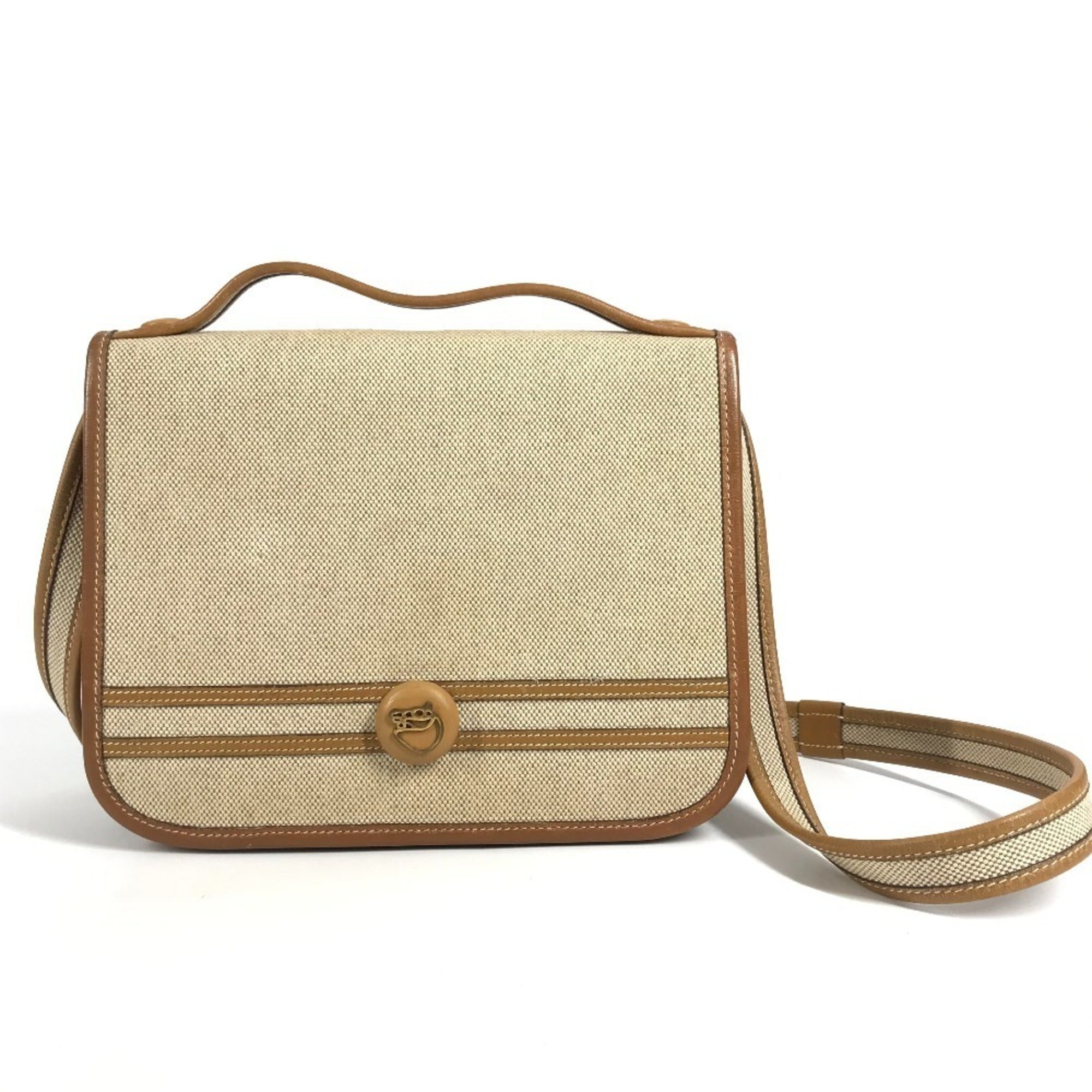 Hermes Beige Leather Canvas Handbag Pochette Shoulder Bag (Pre-Owned)