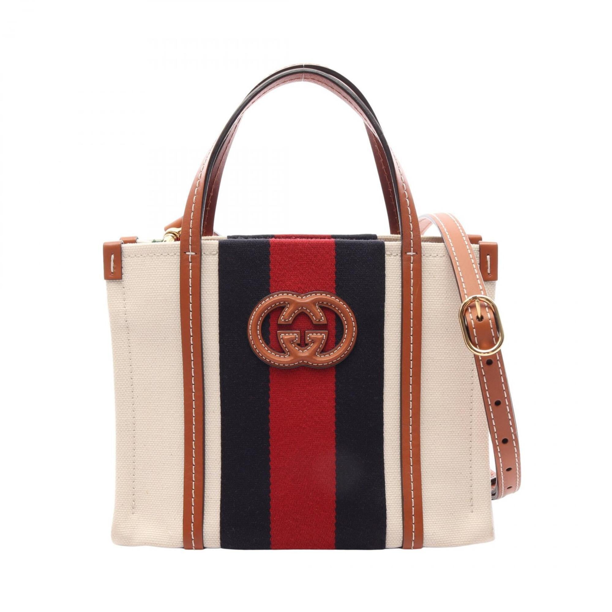 Gucci Brown Multi-Color White Canvas Leather Handbag Tote Bag (Pre-Owned)