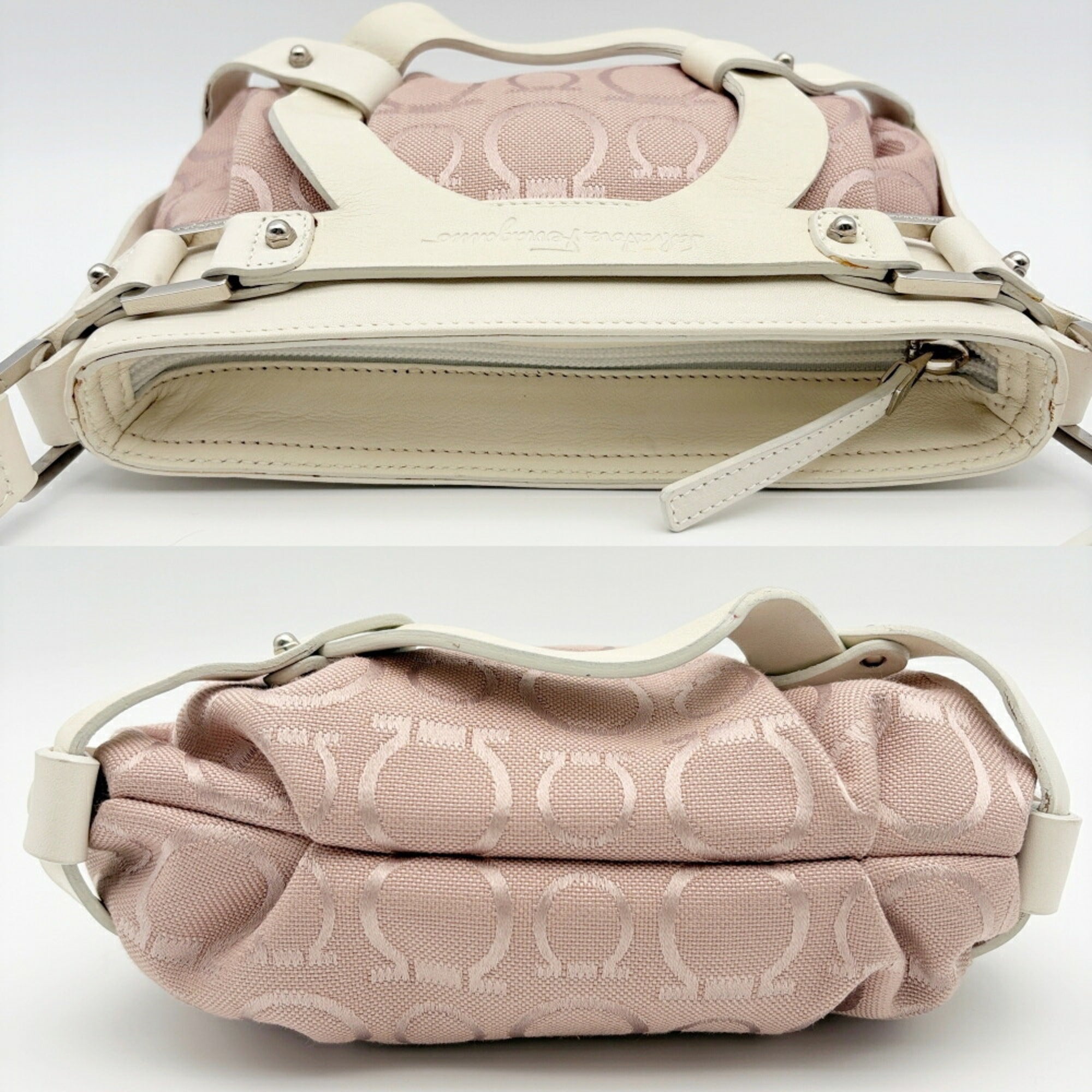Salvatore Ferragamo Pink White Canvas Leather Shoulder Bag (Pre-Owned)