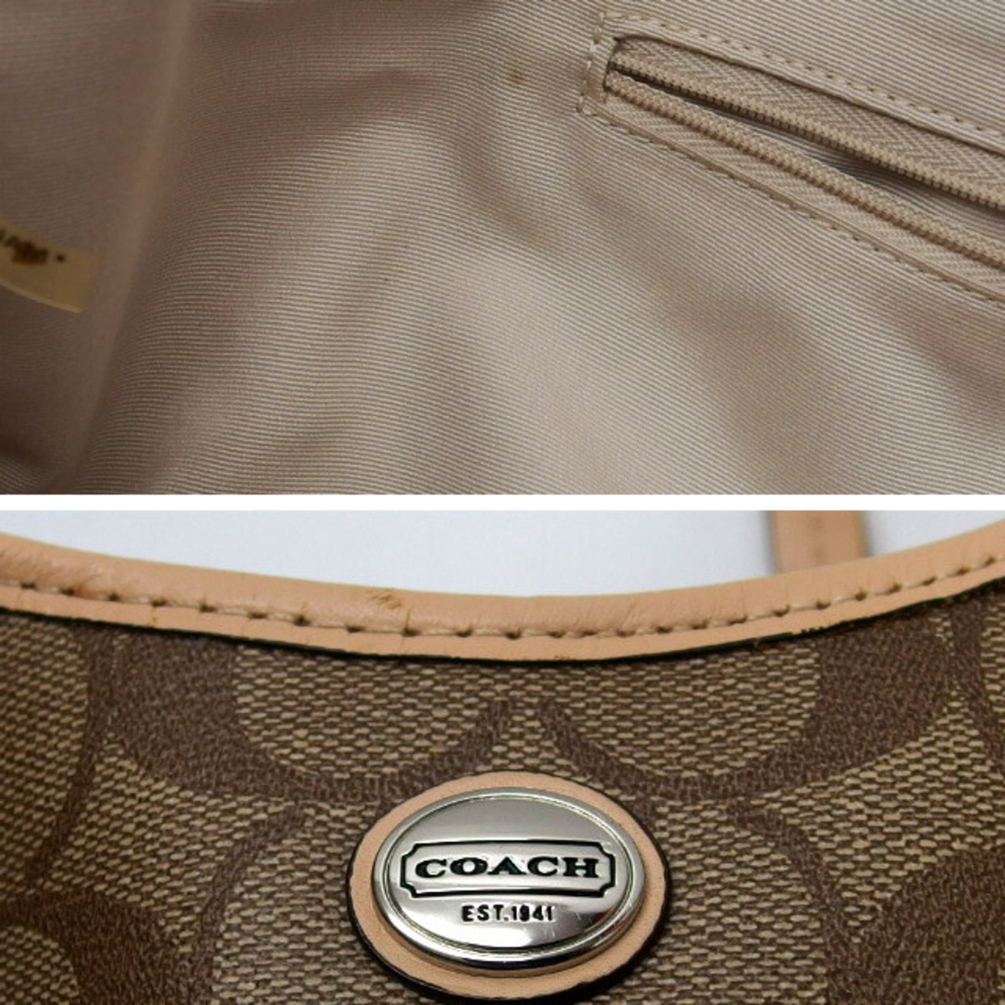 Coach Beige Brown Coated Canvas Leather Shoulder Bag Tote Bag (Pre-Owned)
