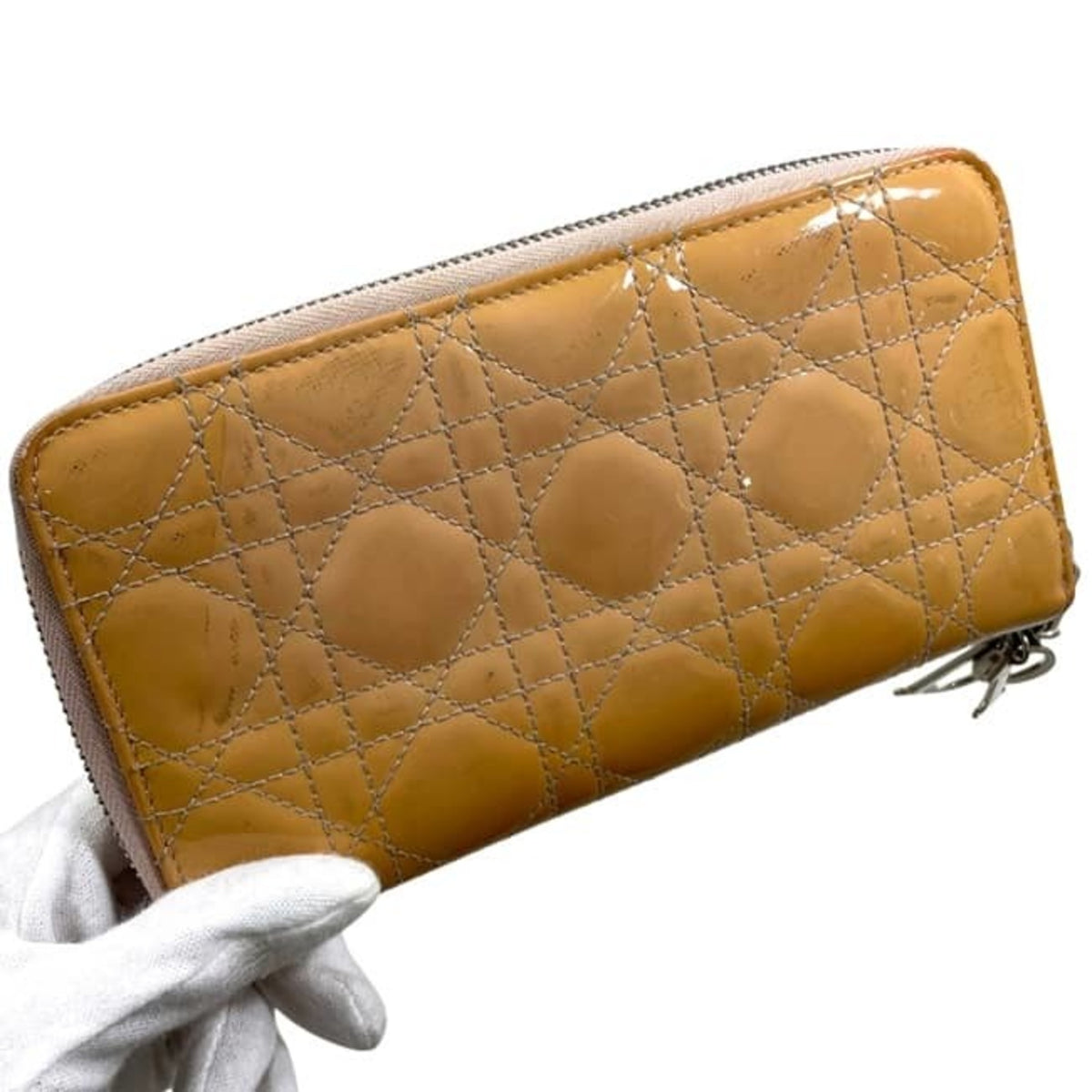 Christian Dior Beige Orange Patent Leather Leather Long Wallet (Bi-Fold) (Pre-Owned)