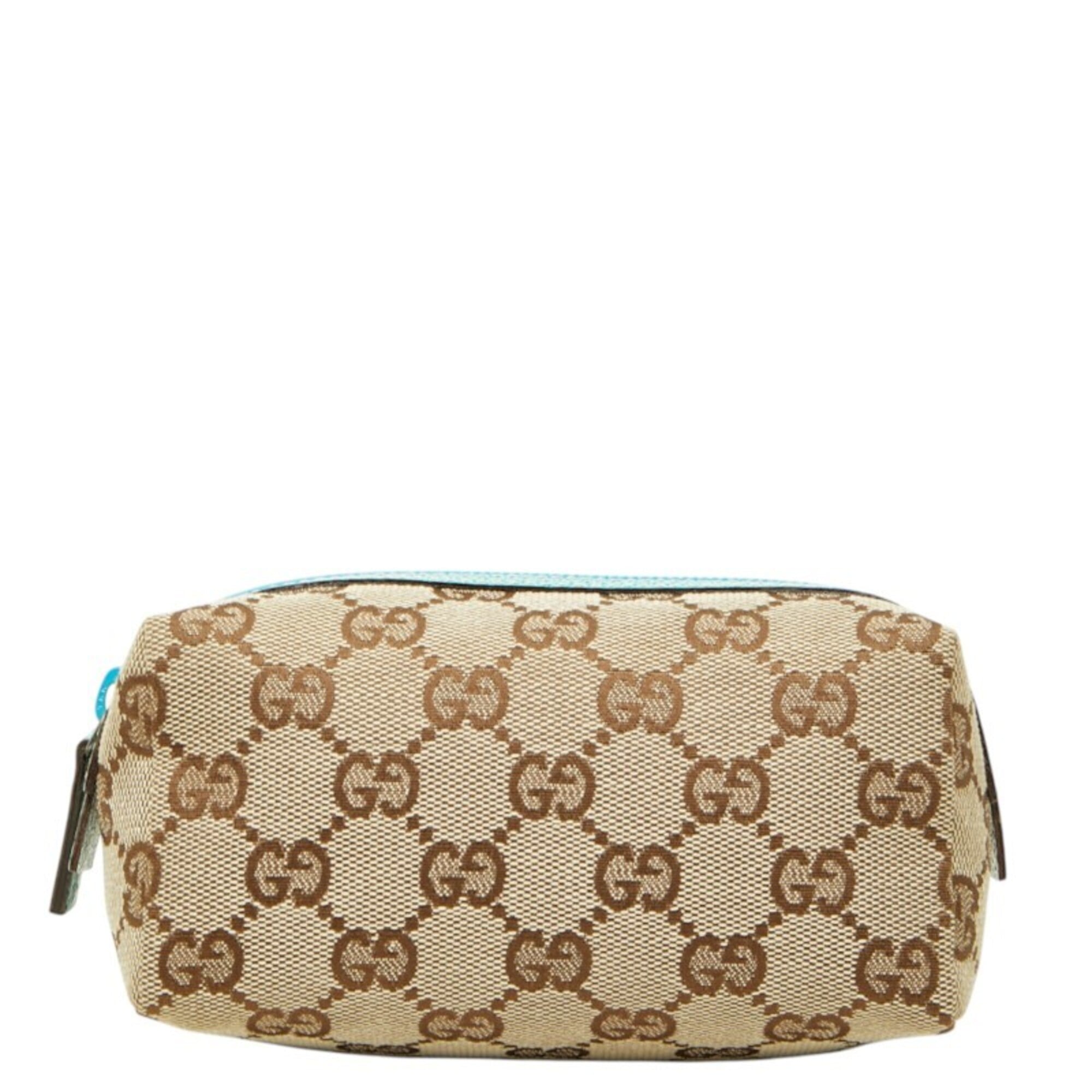 Gucci Beige Blue Canvas Leather Handbag Pouch (Pre-Owned)