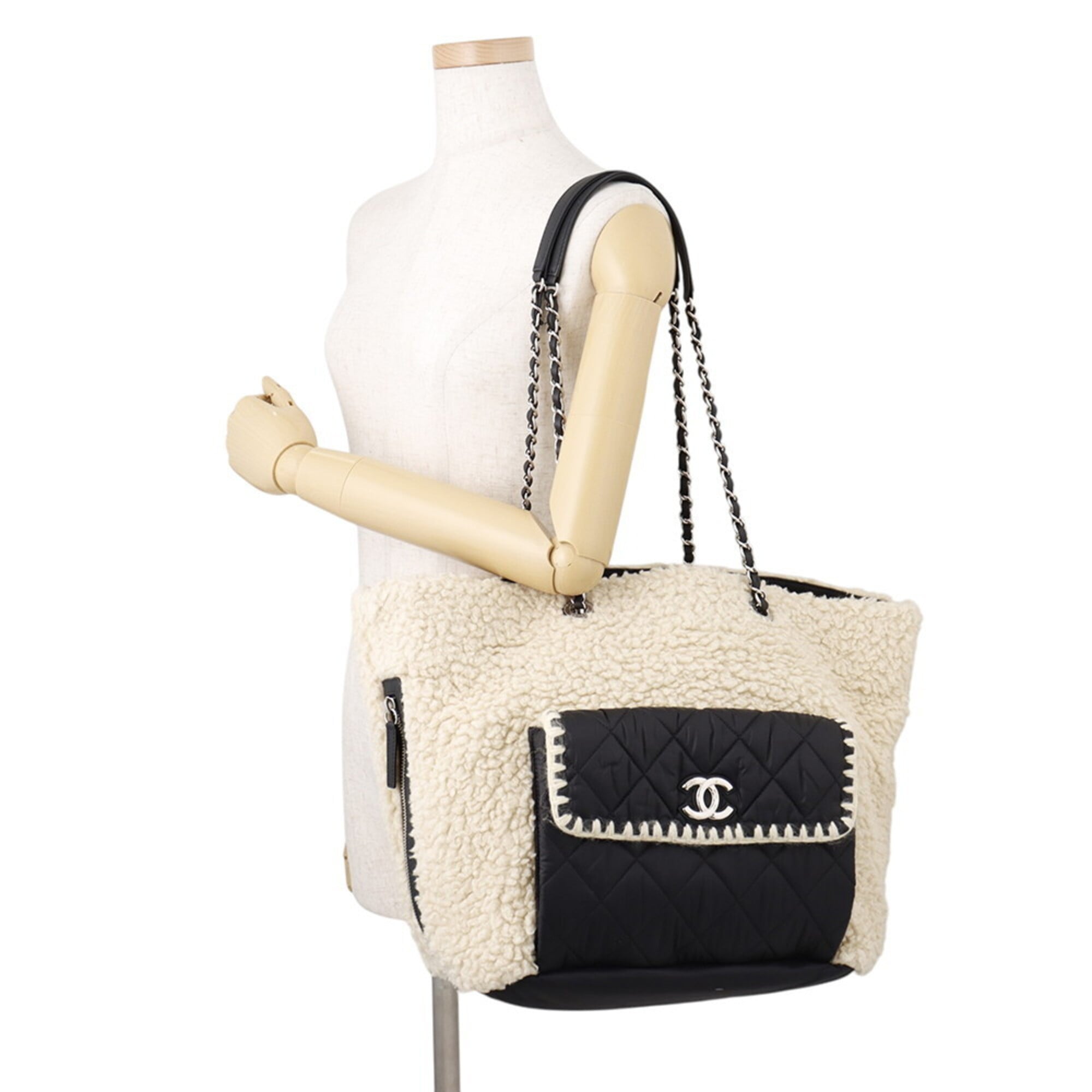 Chanel Matelasse Black Ivory Nylon Leather Handbag Tote Bag (Pre-Owned)