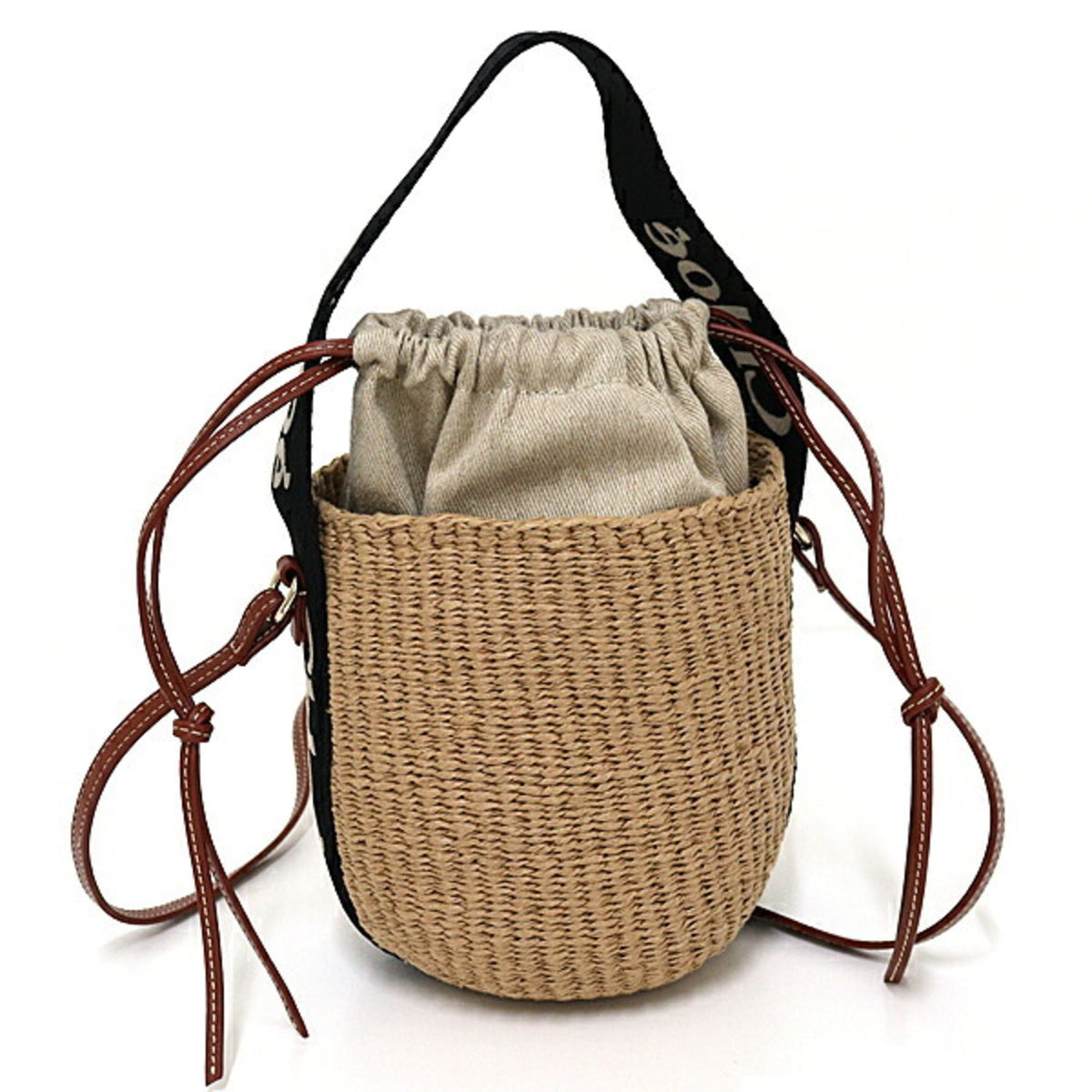 Chloé Beige Black Leather Linen Paper Polyester Basket Shoulder Bag (Pre-Owned)