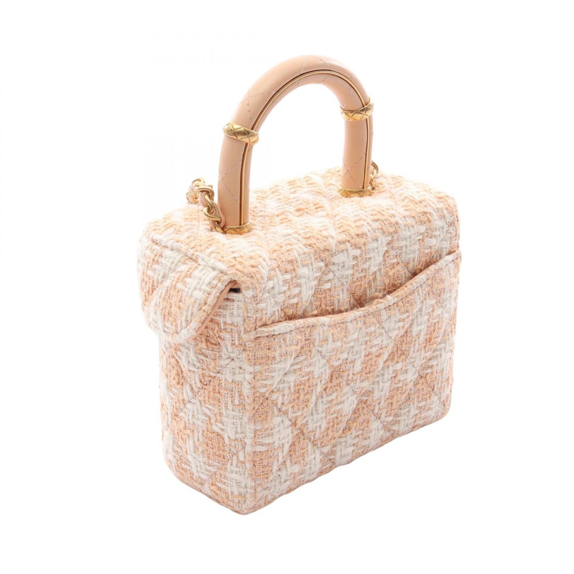 Chanel Beige White Fabric Leather Handbag Shoulder Bag (Pre-Owned)
