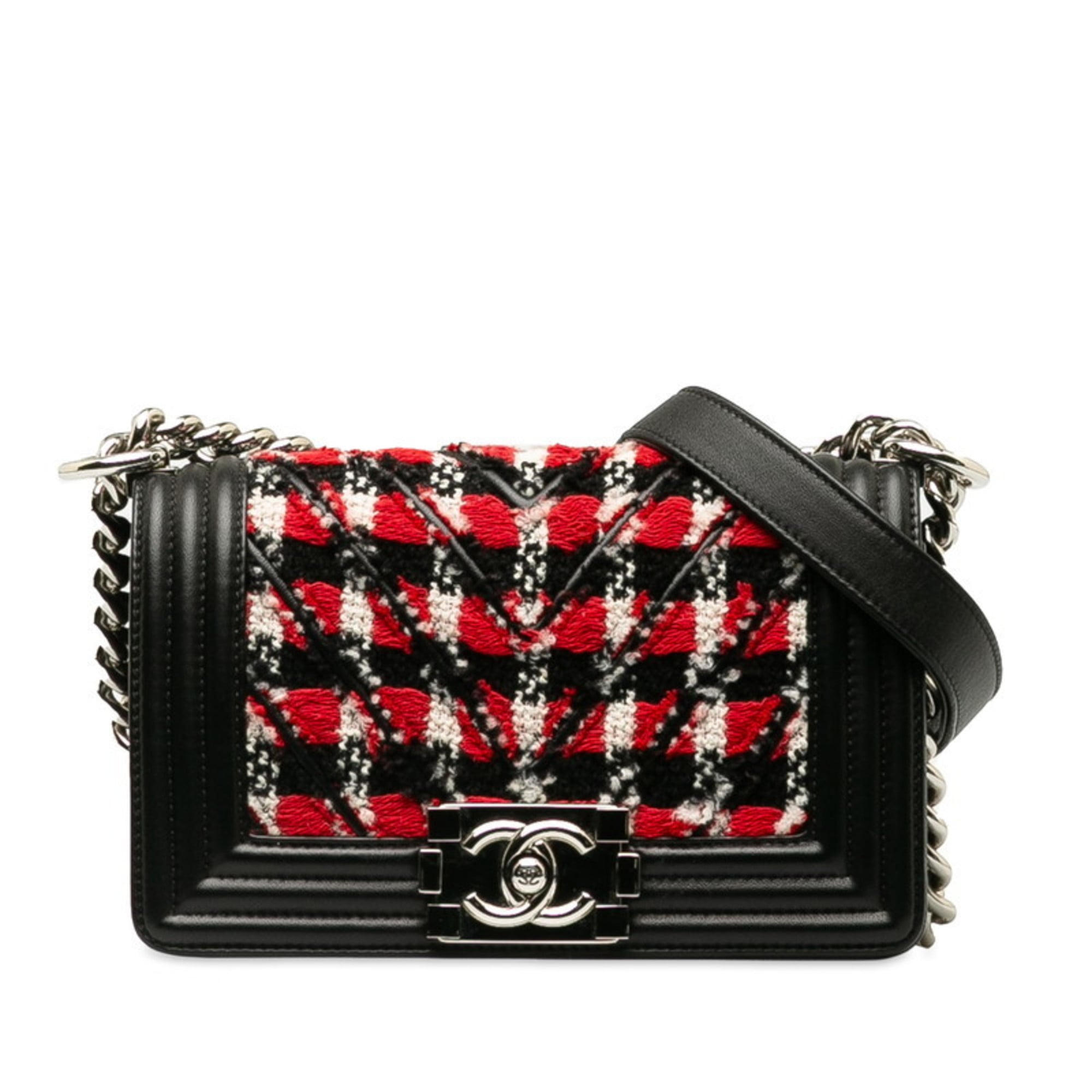 Chanel Black Red Color Tweed Leather Shoulder Bag (Pre-Owned)