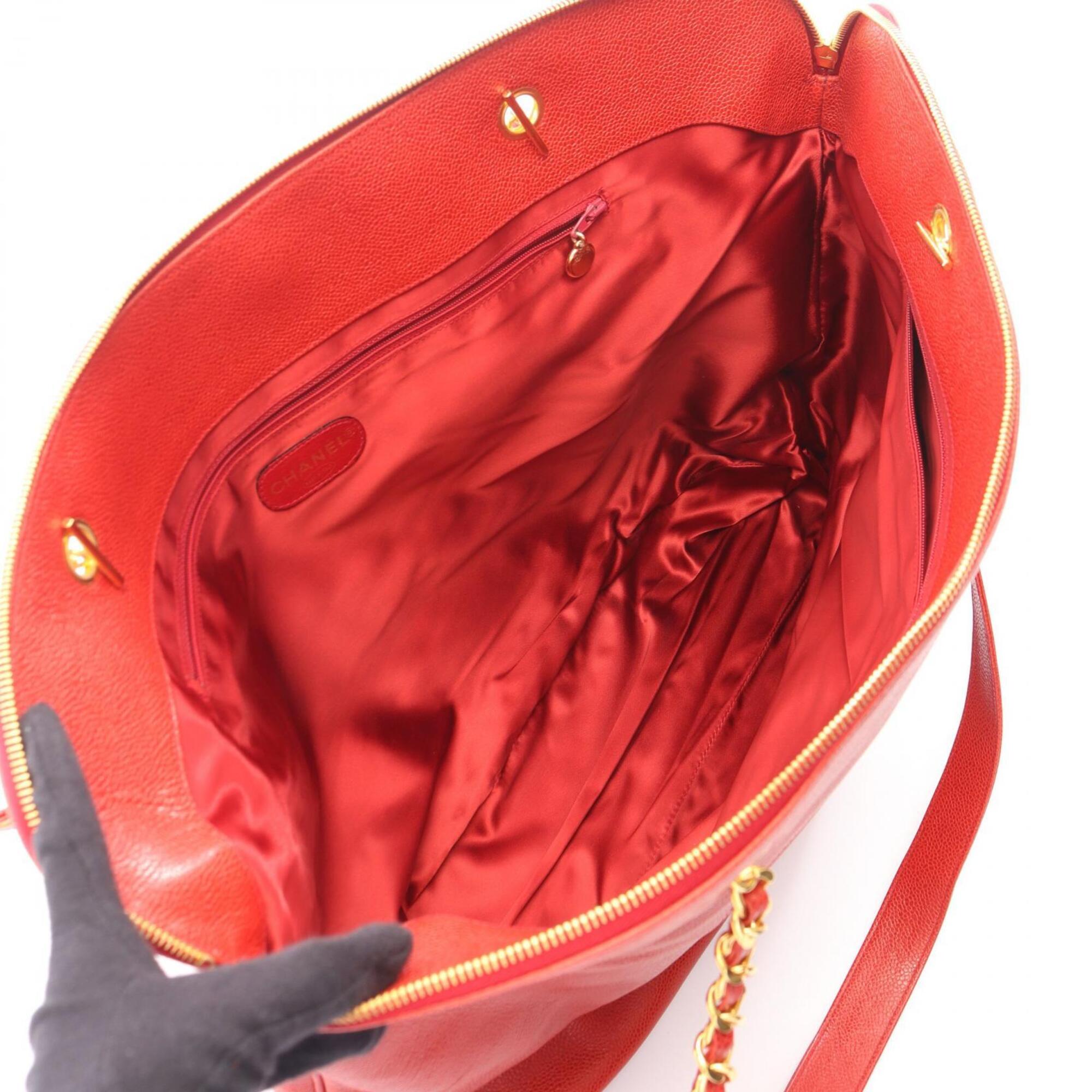 Chanel Red Color Grained Calfskin Handbag Tote Bag (Pre-Owned)