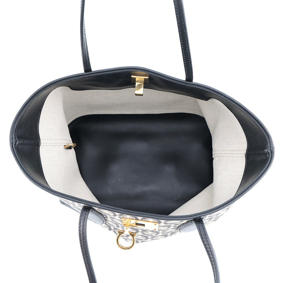 Salvatore Ferragamo Beige Black Canvas Leather Handbag Pouch Tote Bag (Pre-Owned)