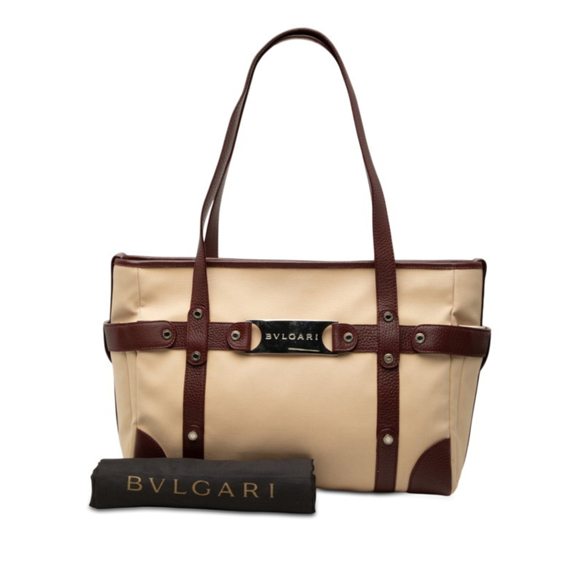 Bvlgari Beige Red Color Wine Canvas Leather Shoulder Bag Tote Bag (Pre-Owned)