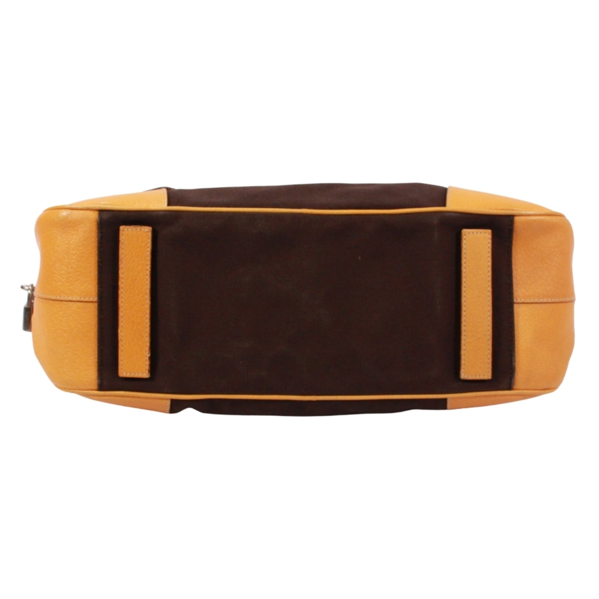Prada Brown Yellow Leather Canvas Boston Bag Handbag (Pre-Owned)