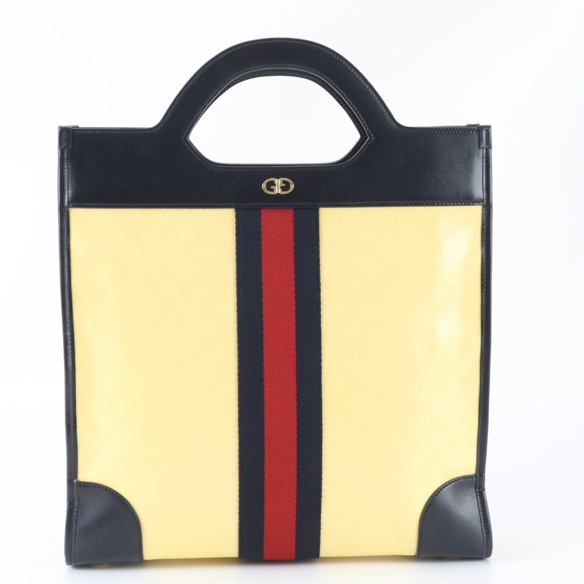 Gucci Sherry Line Navy Yellow Leather Coated Canvas Handbag Tote Bag (Pre-Owned)