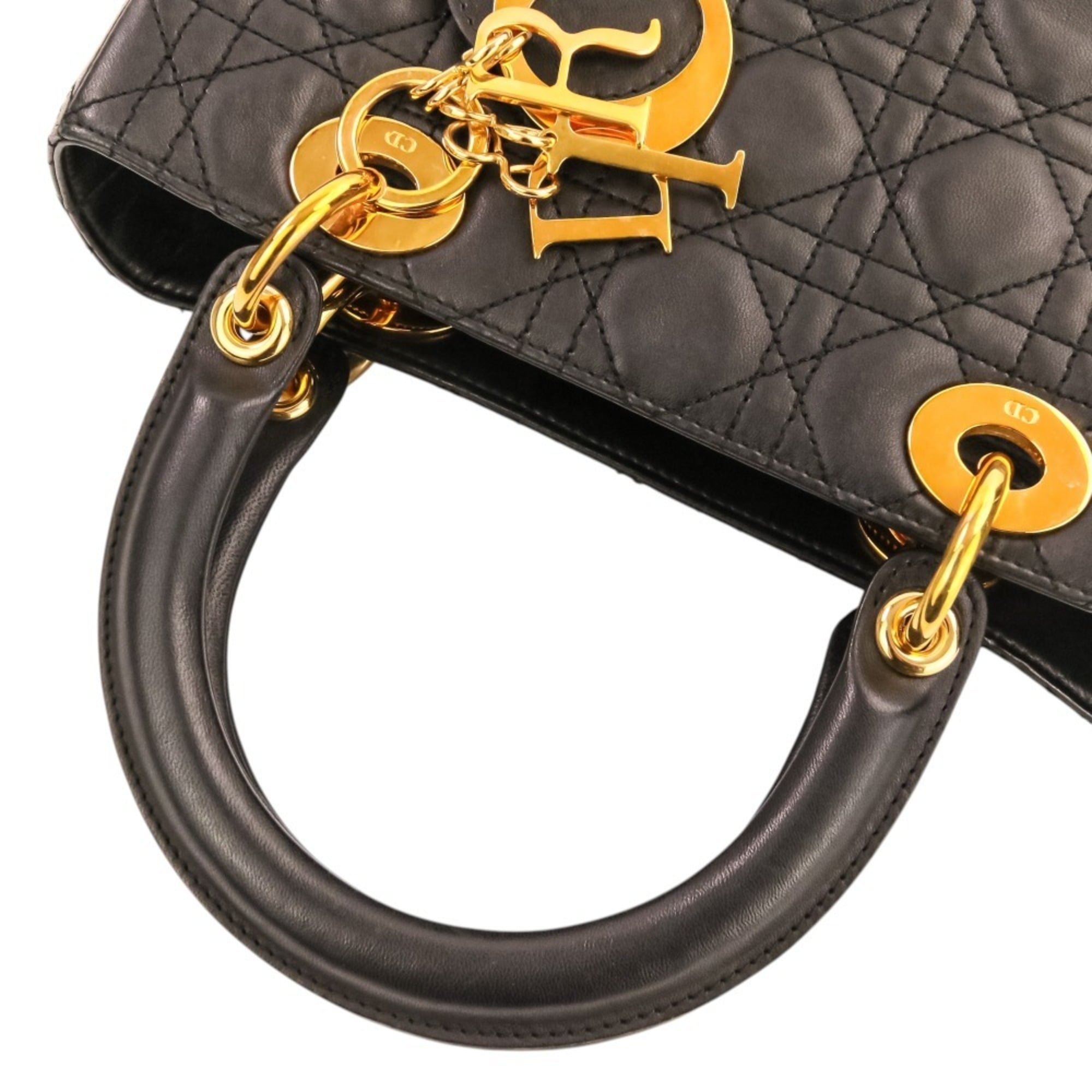 Christian Dior Lady Dior Black Leather Handbag Shoulder Bag (Pre-Owned)