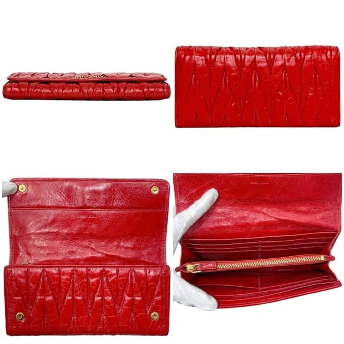 Miu Miu Matelasse Red Color Leather Long Wallet (Bi-Fold) (Pre-Owned)