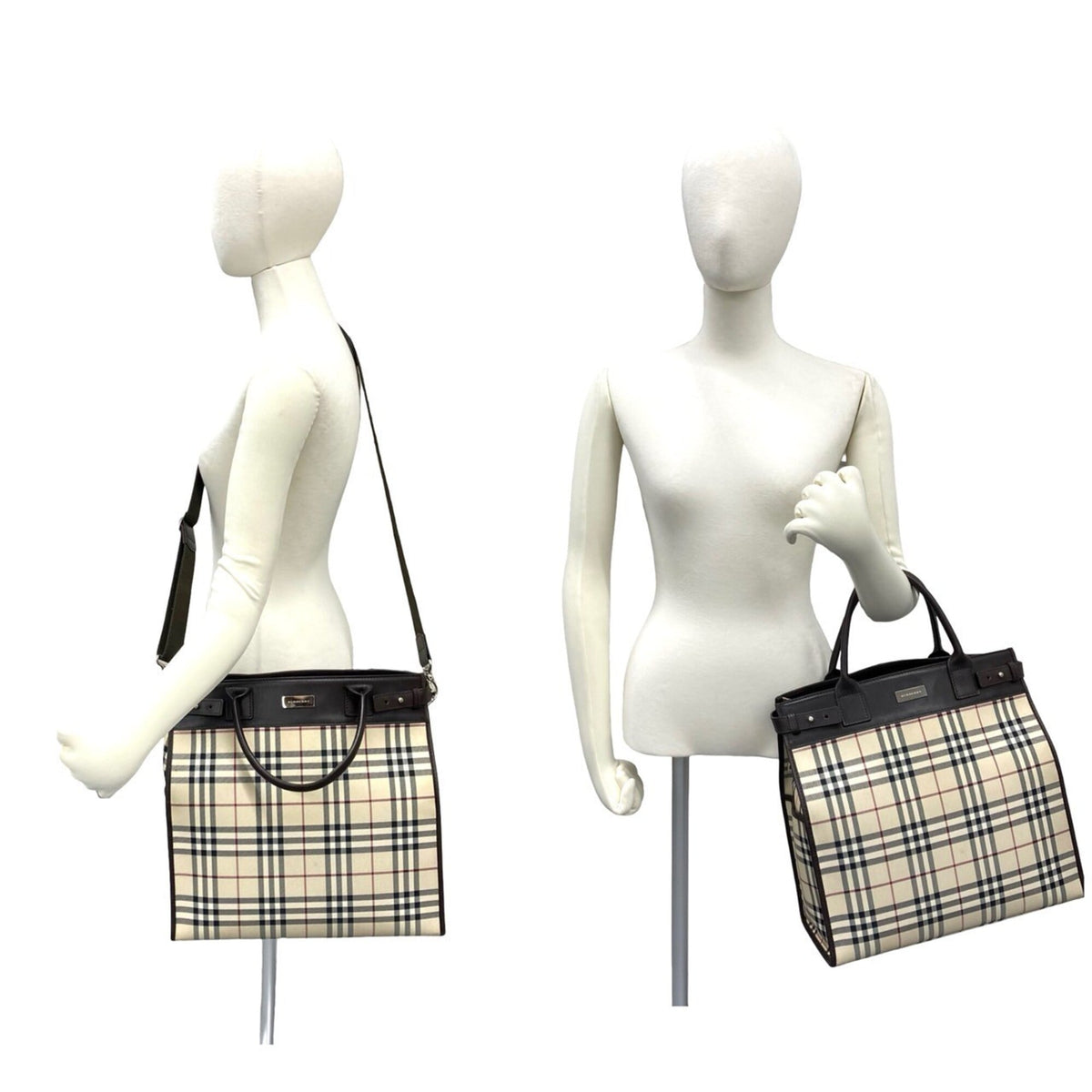 Burberry Beige Black Brown Red Color White Canvas Leather Handbag Shoulder Bag (Pre-Owned)